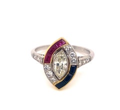 Art Deco Style .40 Carat Marquise Diamond Ruby Sapphire Platinum Ring