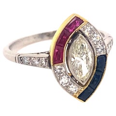 Vintage Art Deco Style .40 Carat Marquise Diamond Ruby Sapphire Platinum Ring