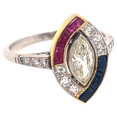 Art Deco Style .40 Carat Marquise Diamond Ruby Sapphire Platinum Ring