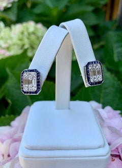 Art Deco Style 4.00 Carat Diamond and Sapphire Earrings in 18 Karat White Gold