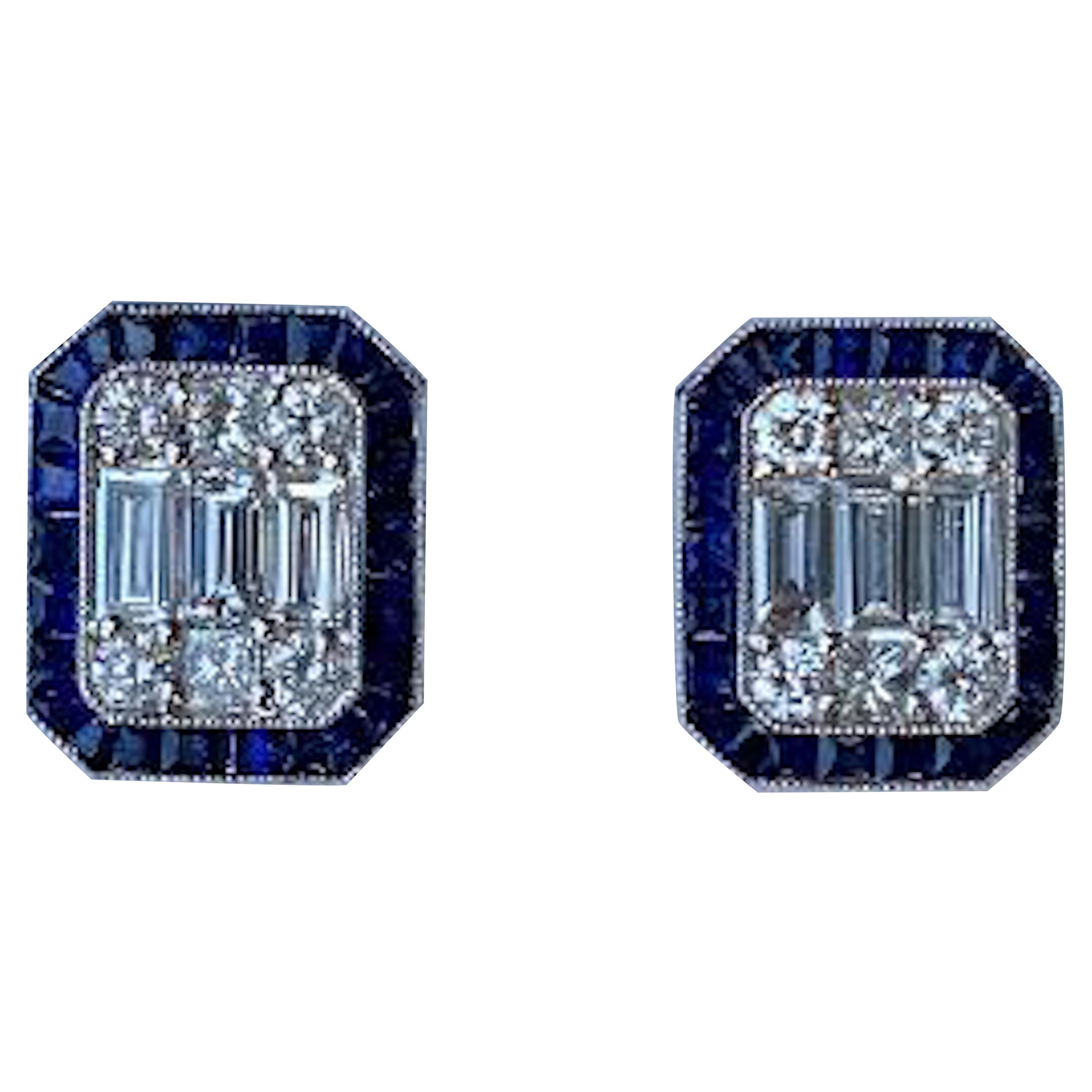 Art Deco Style 4.00 Carat Diamond and Sapphire Earrings in 18 Karat White Gold