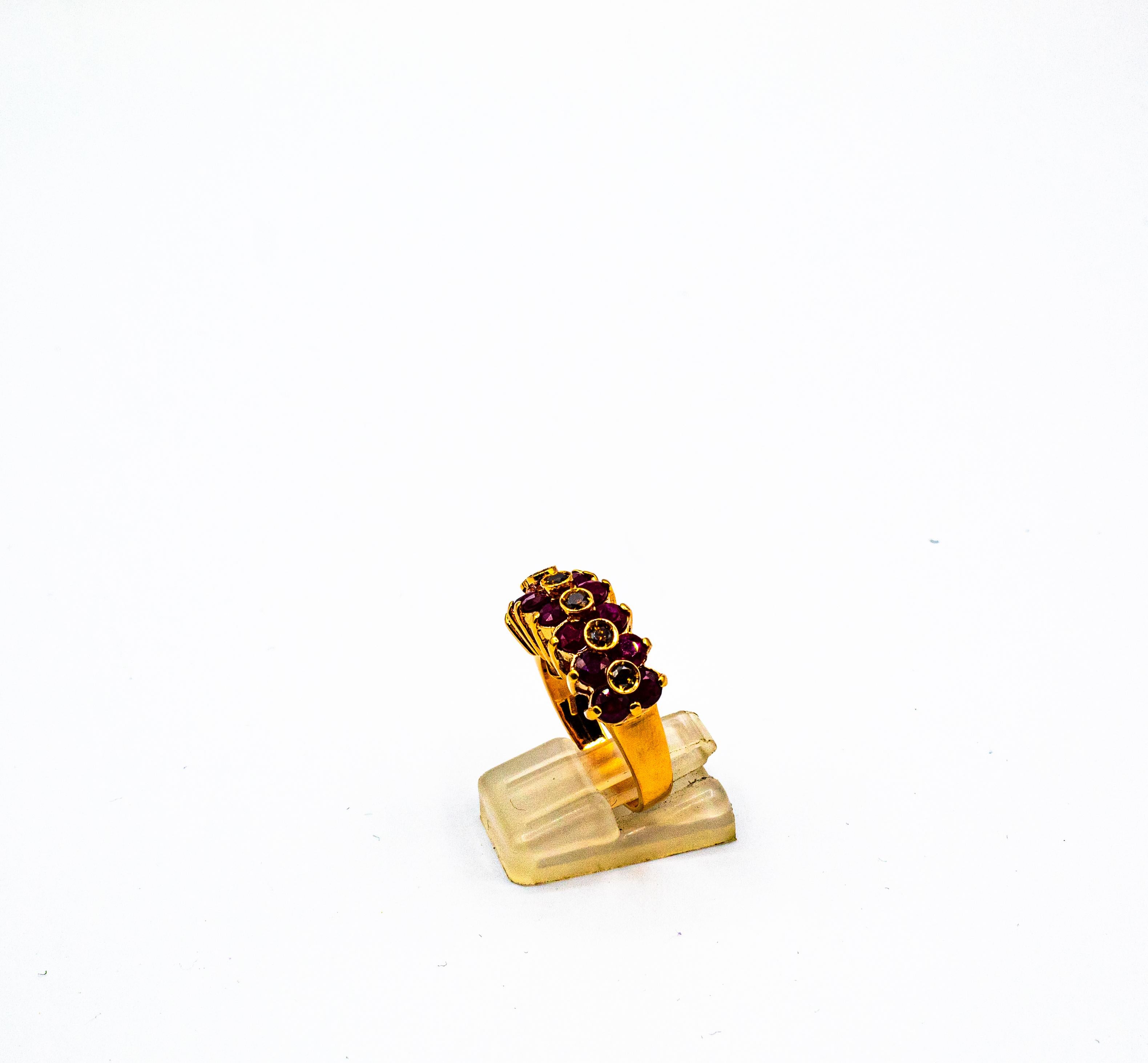 Art Deco Style 4.07 Carat Brown Diamond Ruby Yellow Gold Cocktail Ring In New Condition In Naples, IT