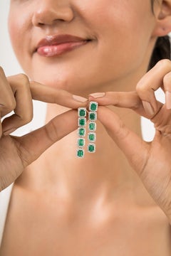 Art Deco Style 4.07 Ct Emerald Diamond Linear Drop Earrings in 14K White Gold