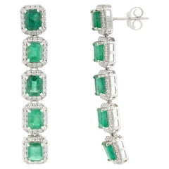 Art Deco Style 4.07 Ct Emerald Diamond Linear Drop Earrings in 14K White Gold