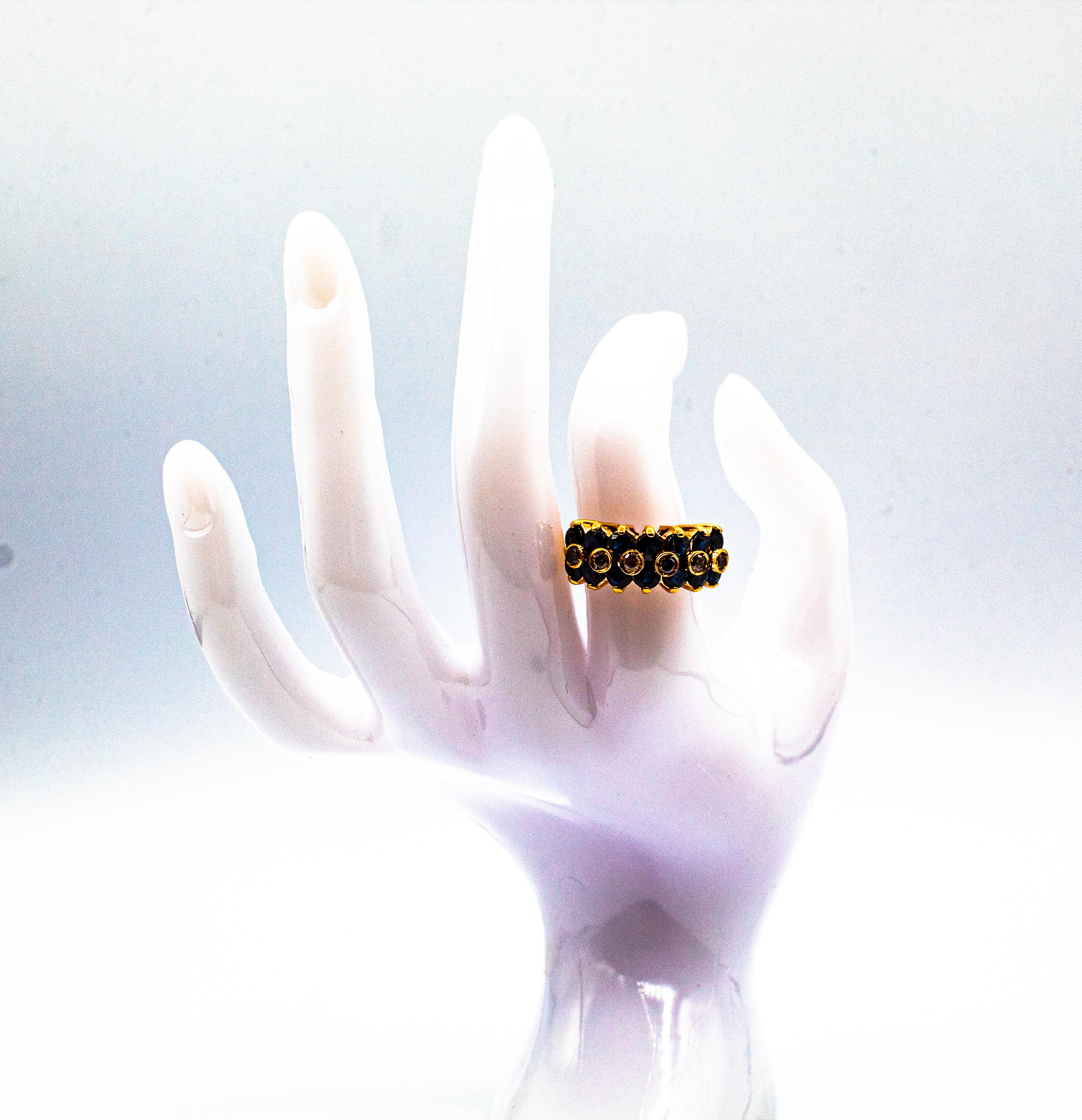 Bague de cocktail en or jaune, style Art Déco, 4,17 carats, diamant brun, saphir bleu en vente 11