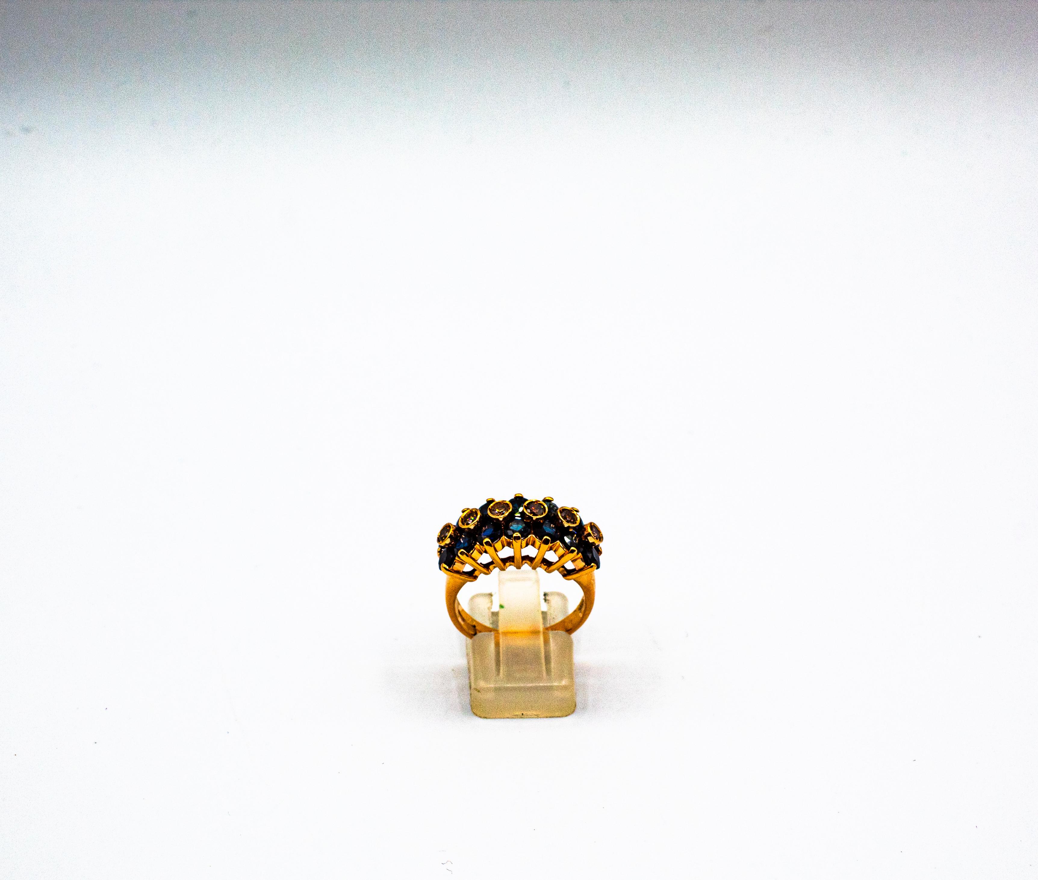 Taille brillant Bague de cocktail en or jaune, style Art Déco, 4,17 carats, diamant brun, saphir bleu en vente