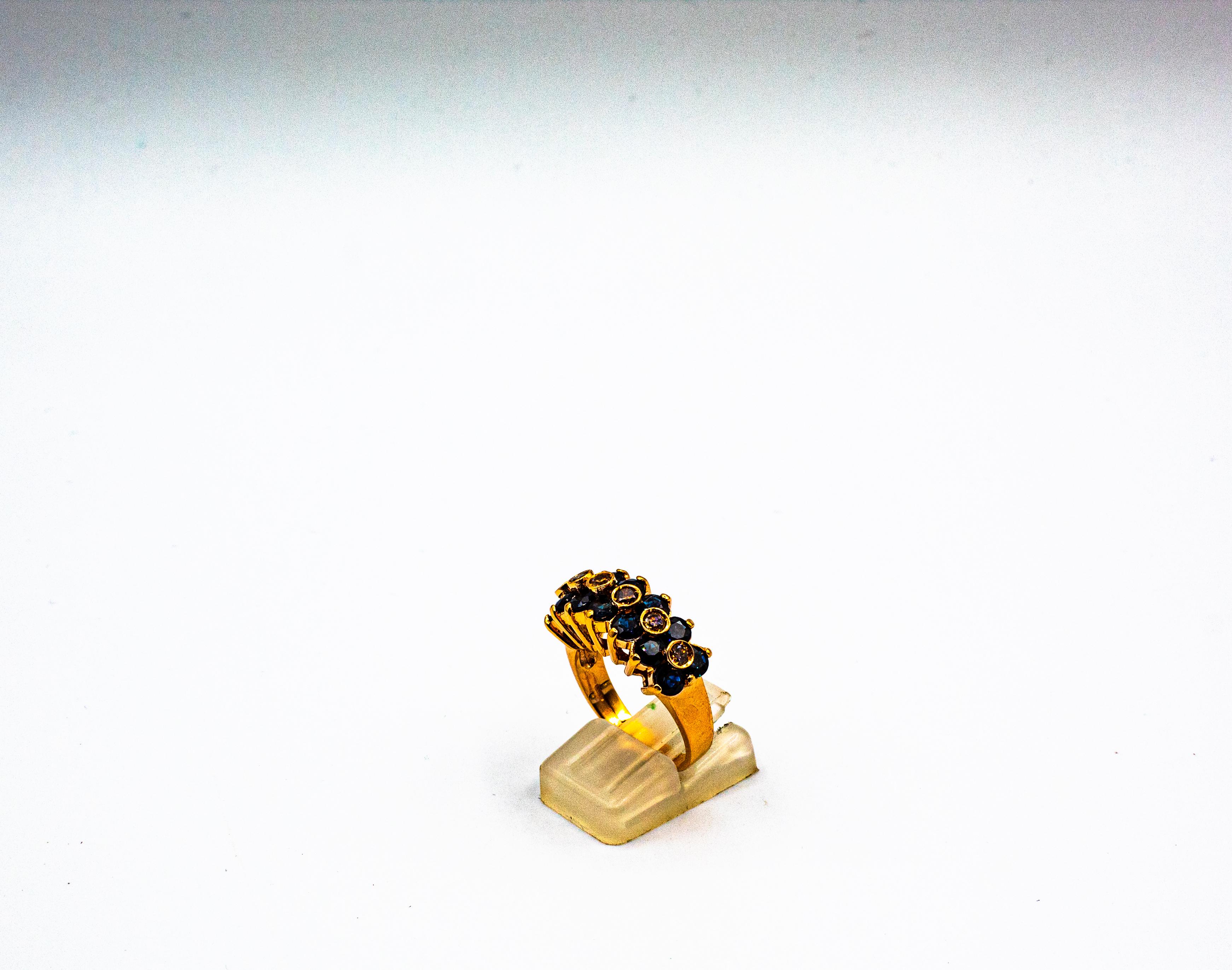 Art Deco Stil 4,17 Karat Brown Diamant Blau Saphir Gelbgold Cocktail Ring für Damen oder Herren im Angebot