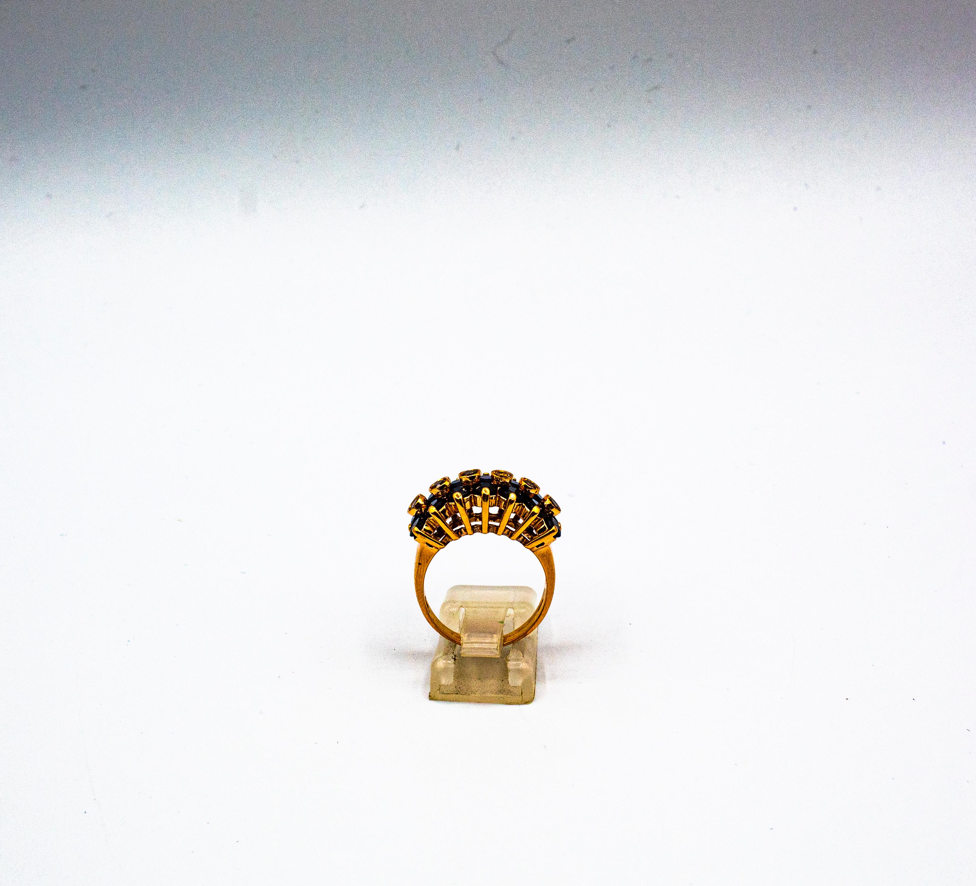 Art Deco Stil 4,17 Karat Brown Diamant Blau Saphir Gelbgold Cocktail Ring im Angebot 2