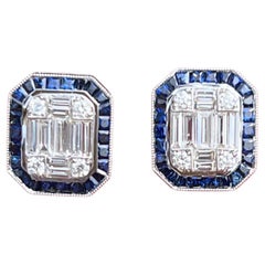 Art Deco Style 4.25 Carat Diamond and Sapphire Earrings in 18 Karat White Gold