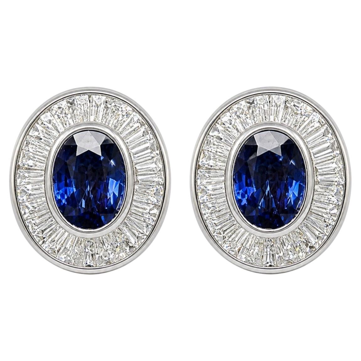 Art Deco Style 4.30 Carat Sapphire and Diamond Platinum Oval Earrings