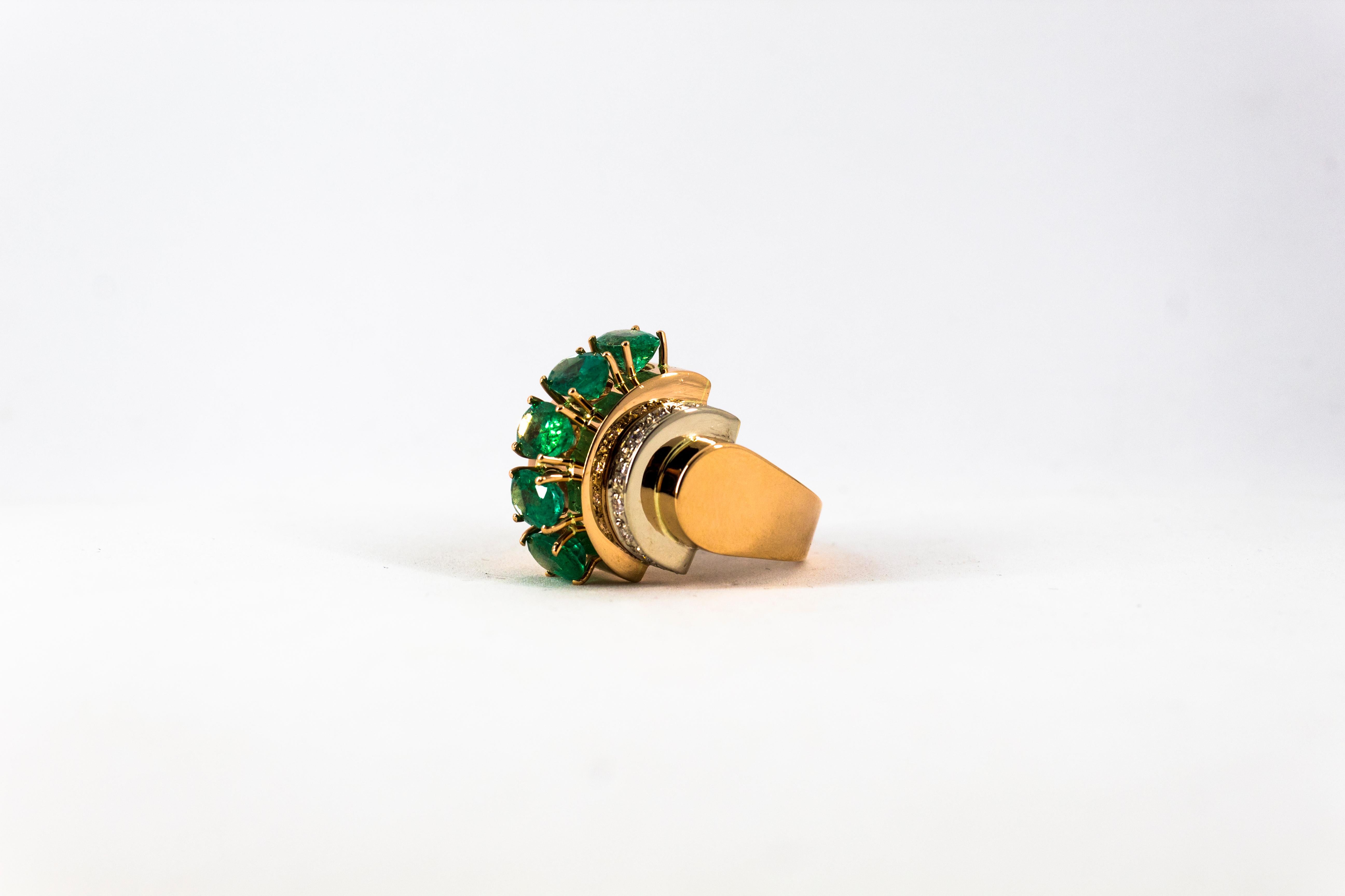 Art Deco Style 4.30 Carat White Diamond Emerald Yellow Gold Cocktail Ring For Sale 5