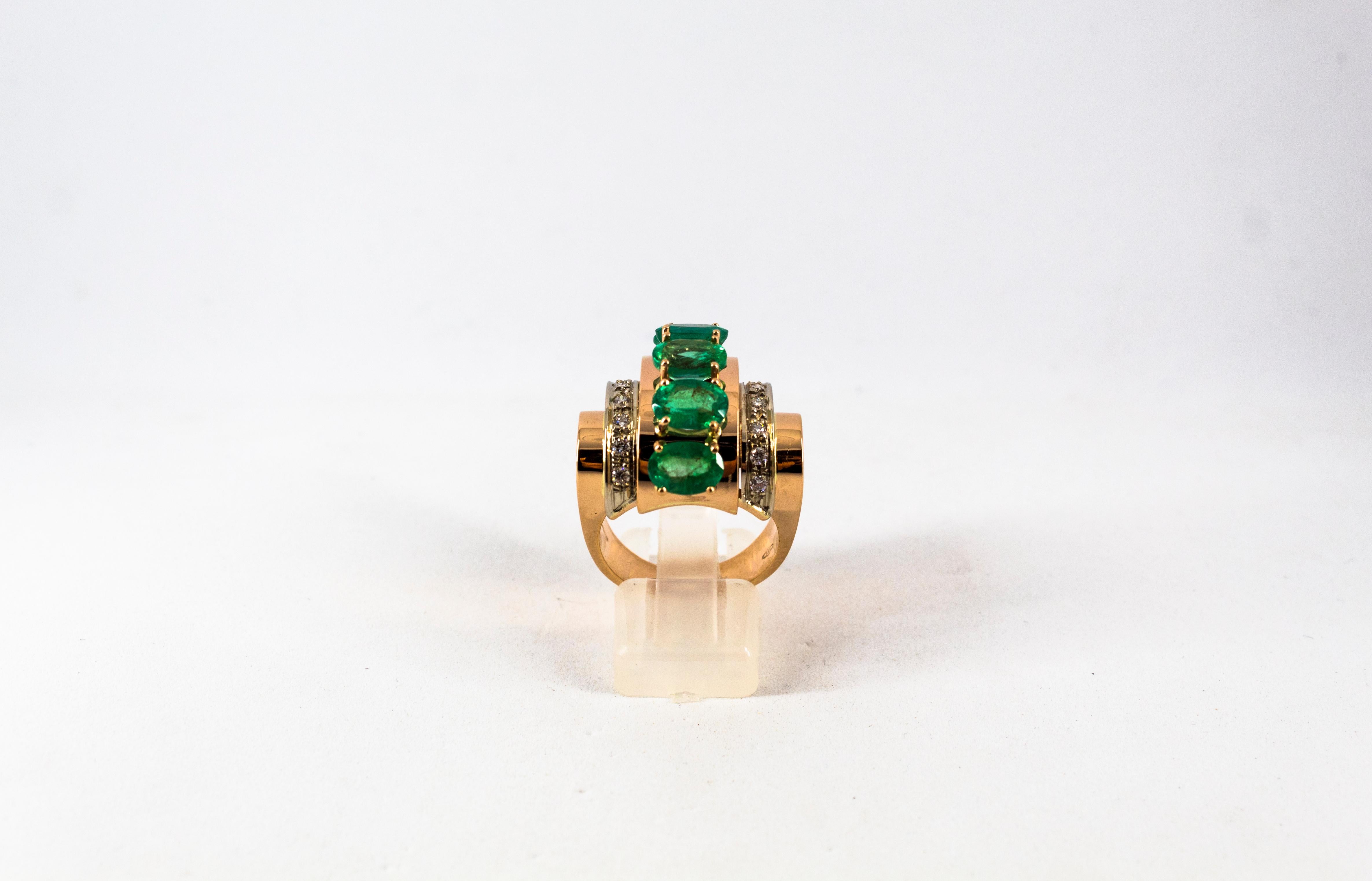 Brilliant Cut Art Deco Style 4.30 Carat White Diamond Emerald Yellow Gold Cocktail Ring For Sale