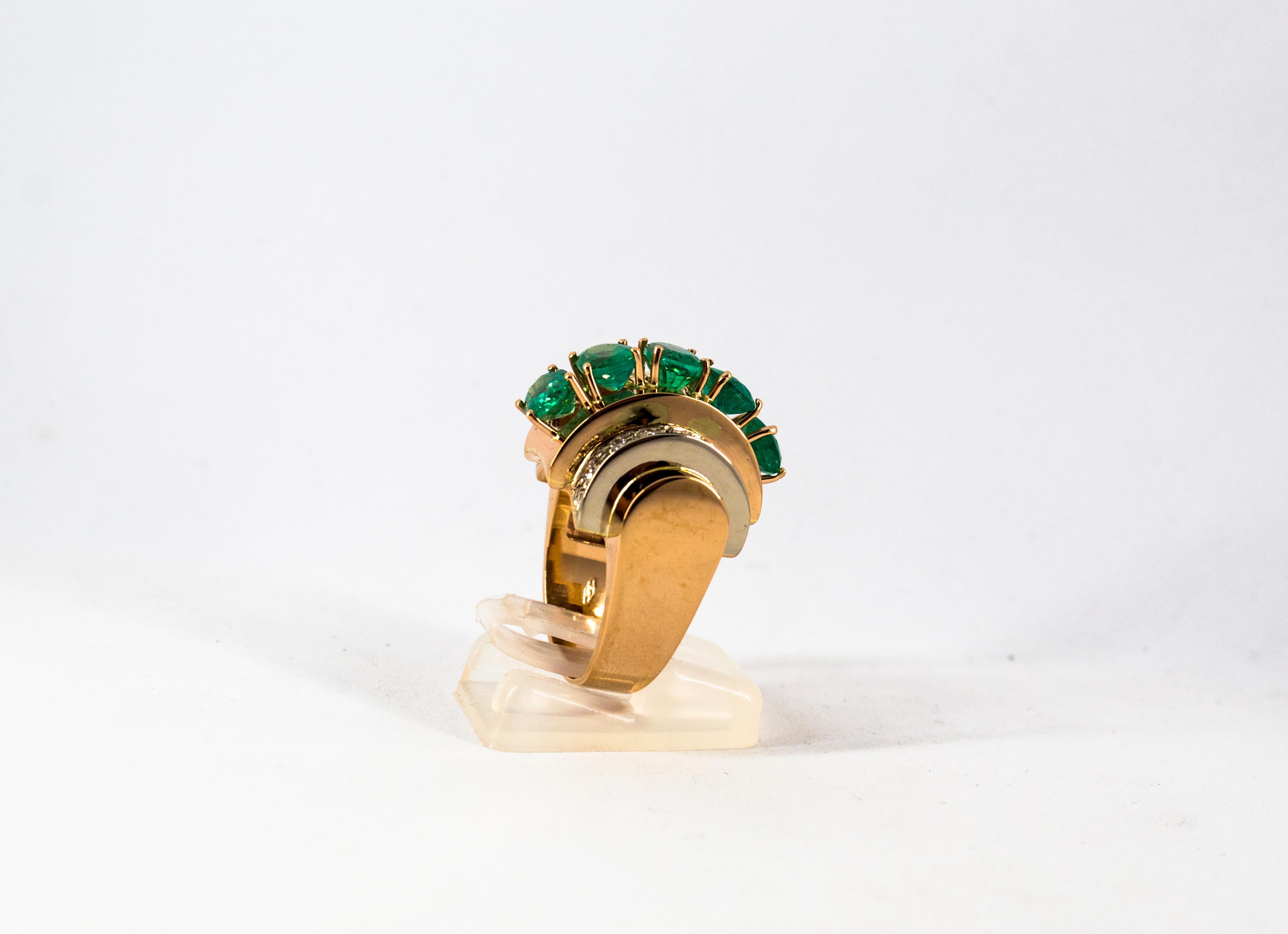 Art Deco Style 4.30 Carat White Diamond Emerald Yellow Gold Cocktail Ring For Sale 2