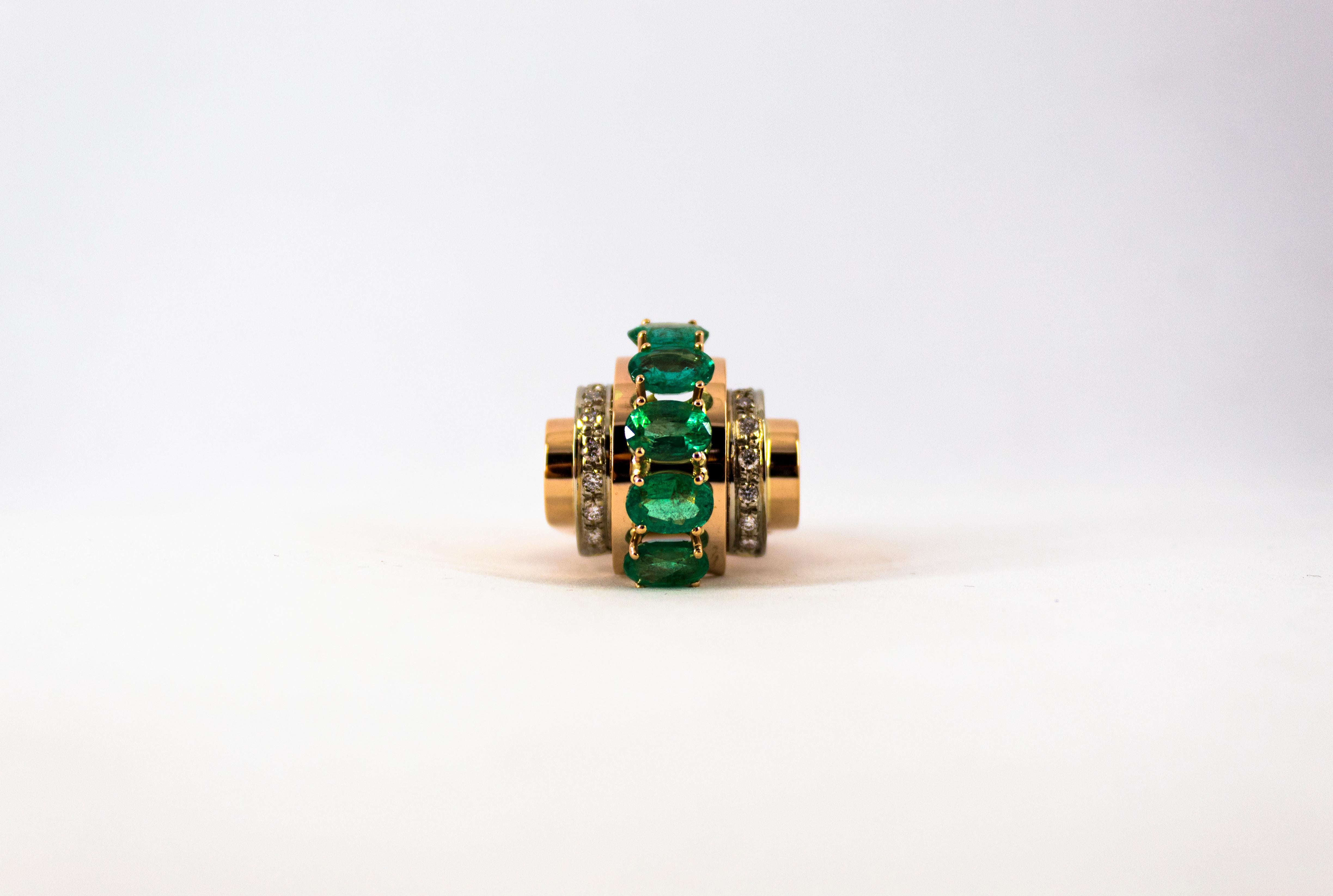 Art Deco Style 4.30 Carat White Diamond Emerald Yellow Gold Cocktail Ring For Sale 4