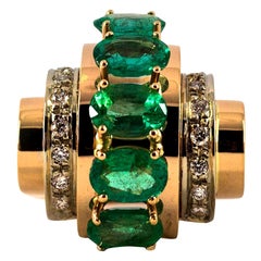 Art Deco Style 4.30 Carat White Diamond Emerald Yellow Gold Cocktail Ring