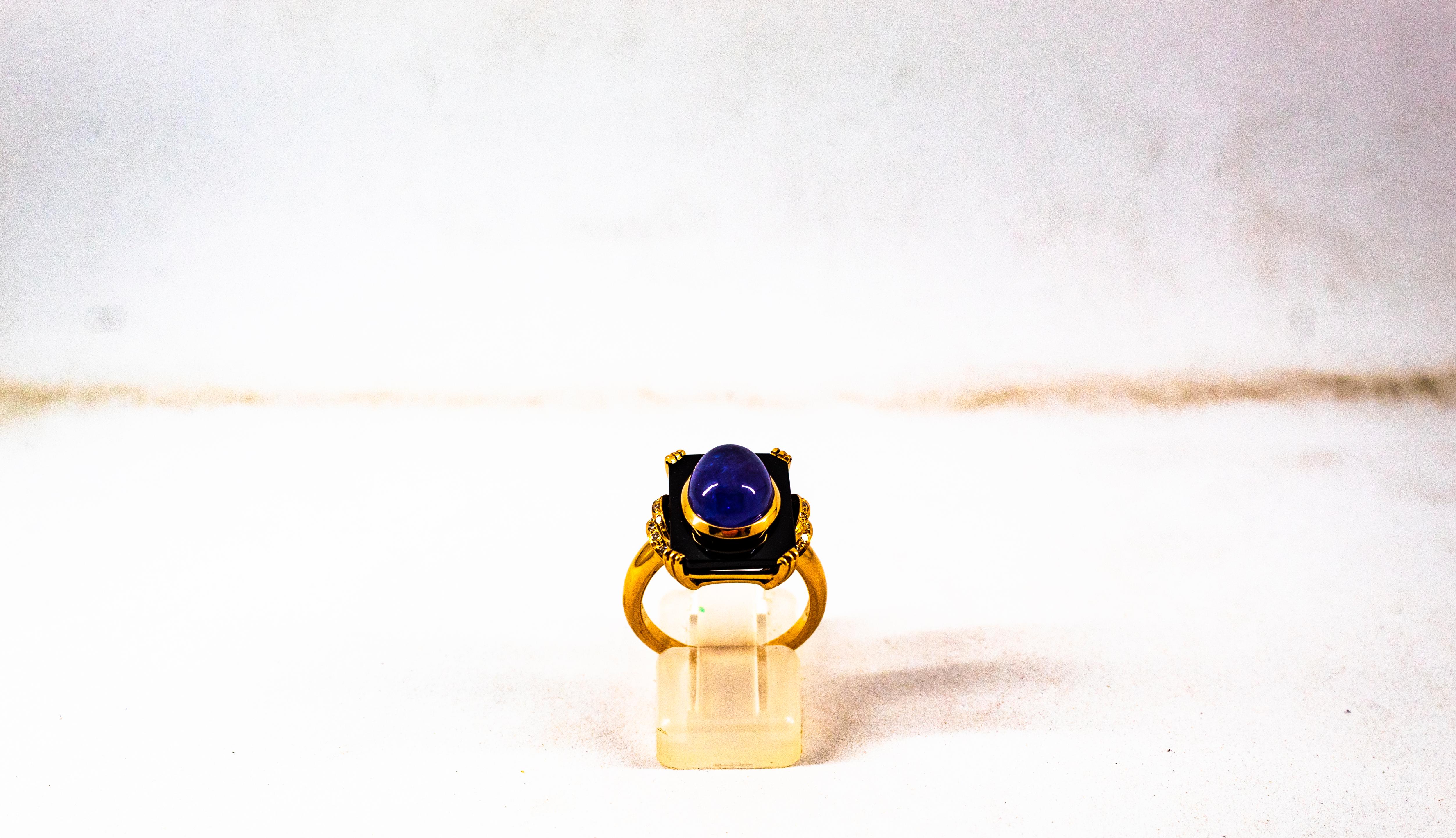 Women's or Men's Art Deco Style 4.35 Carat White Diamond Tanzanite Onyx Yellow Gold Cocktail Ring