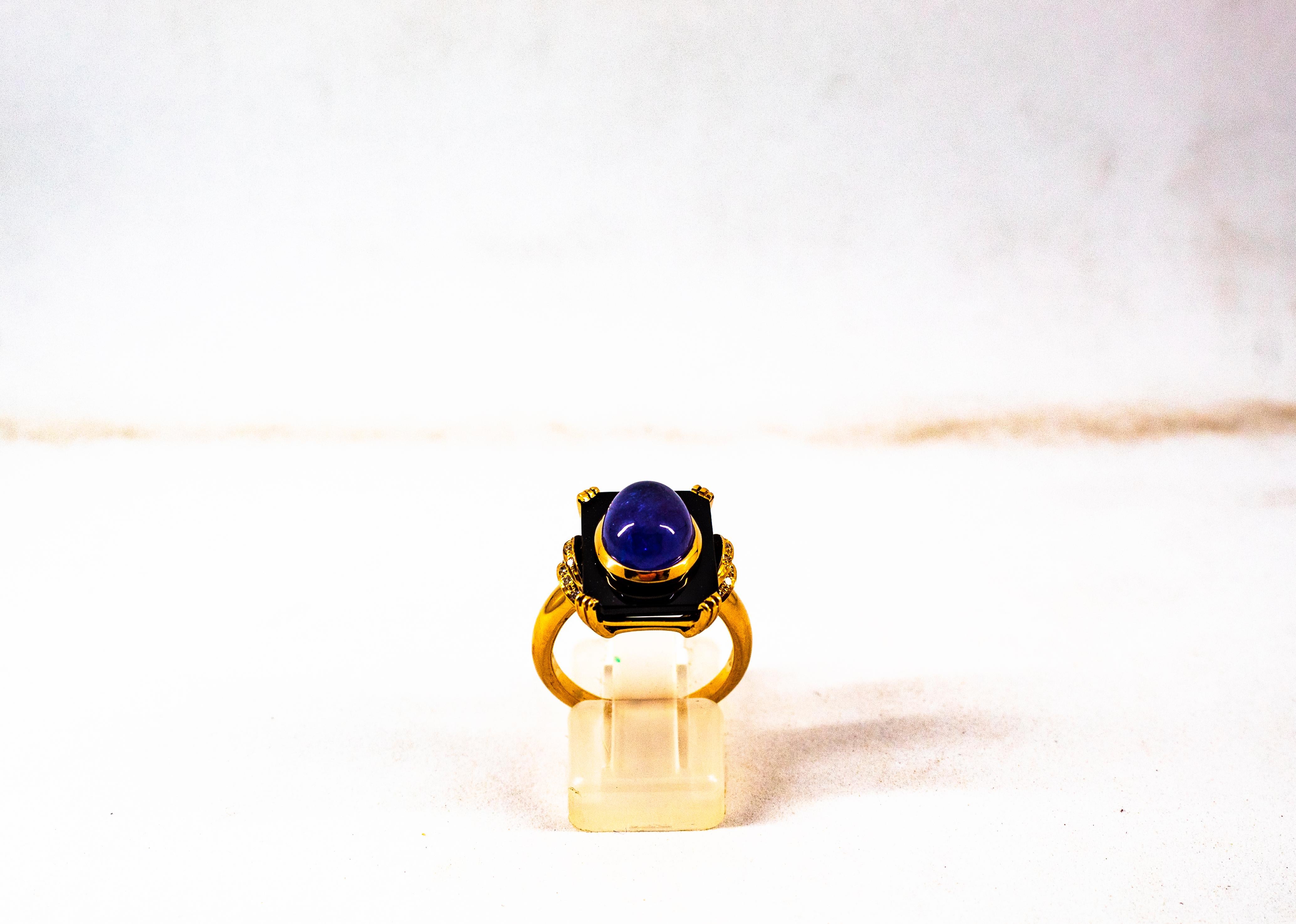 Art Deco Style 4.35 Carat White Diamond Tanzanite Onyx Yellow Gold Cocktail Ring For Sale 1
