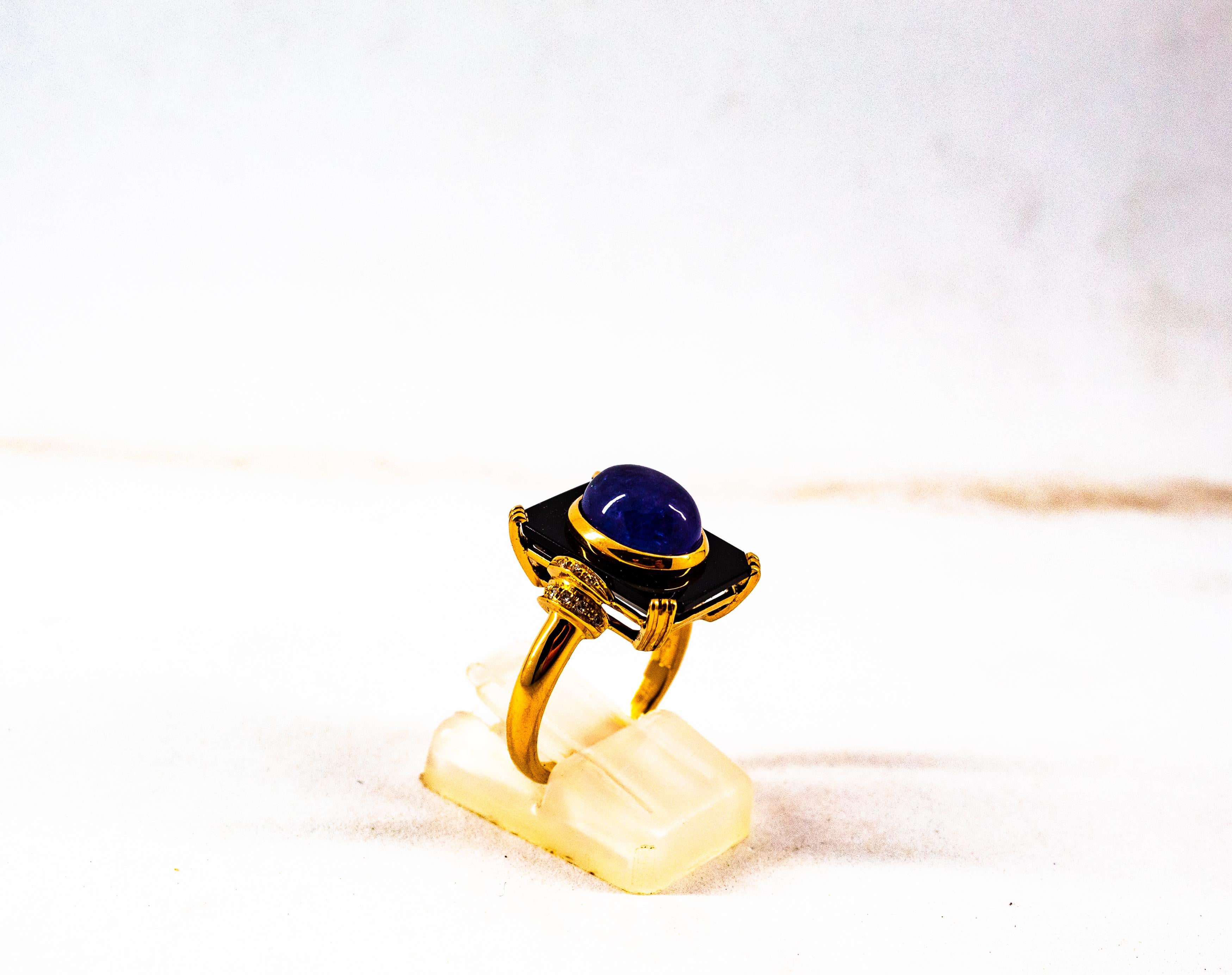 Art Deco Style 4.35 Carat White Diamond Tanzanite Onyx Yellow Gold Cocktail Ring For Sale 2