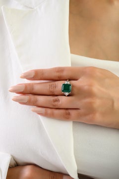 Art Deco Style 4.37Ct Natural Emerald & Baguette Diamond Ring in 14k White Gold