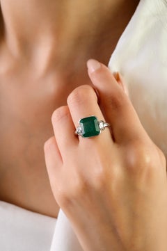 Art Deco Style 4.37Ct Natural Emerald & Baguette Diamond Ring in 18k White Gold