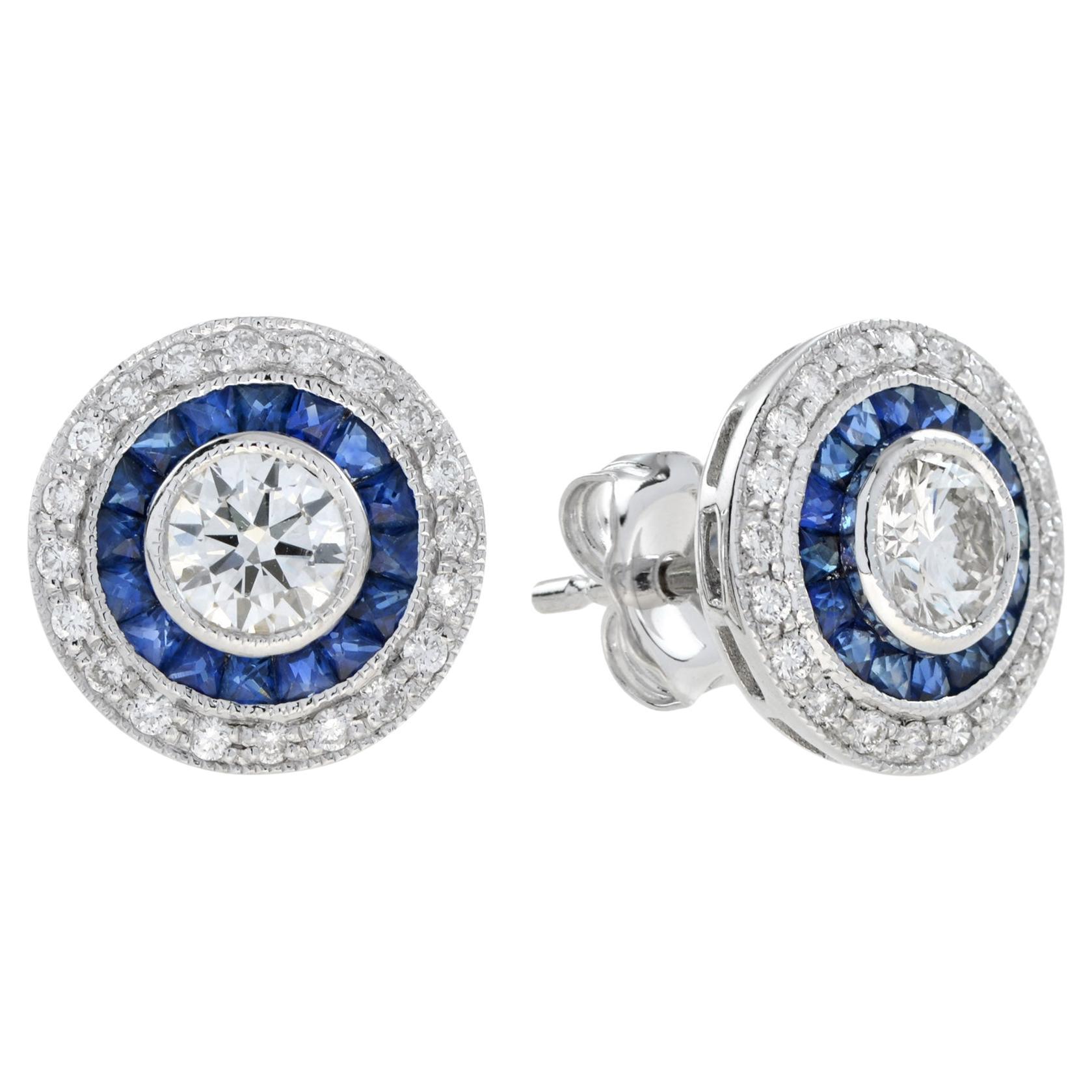Art Deco Stil 4.4 Runde Diamanten Blauer Saphir Ohrstecker 14K Weißgold Ohrringe