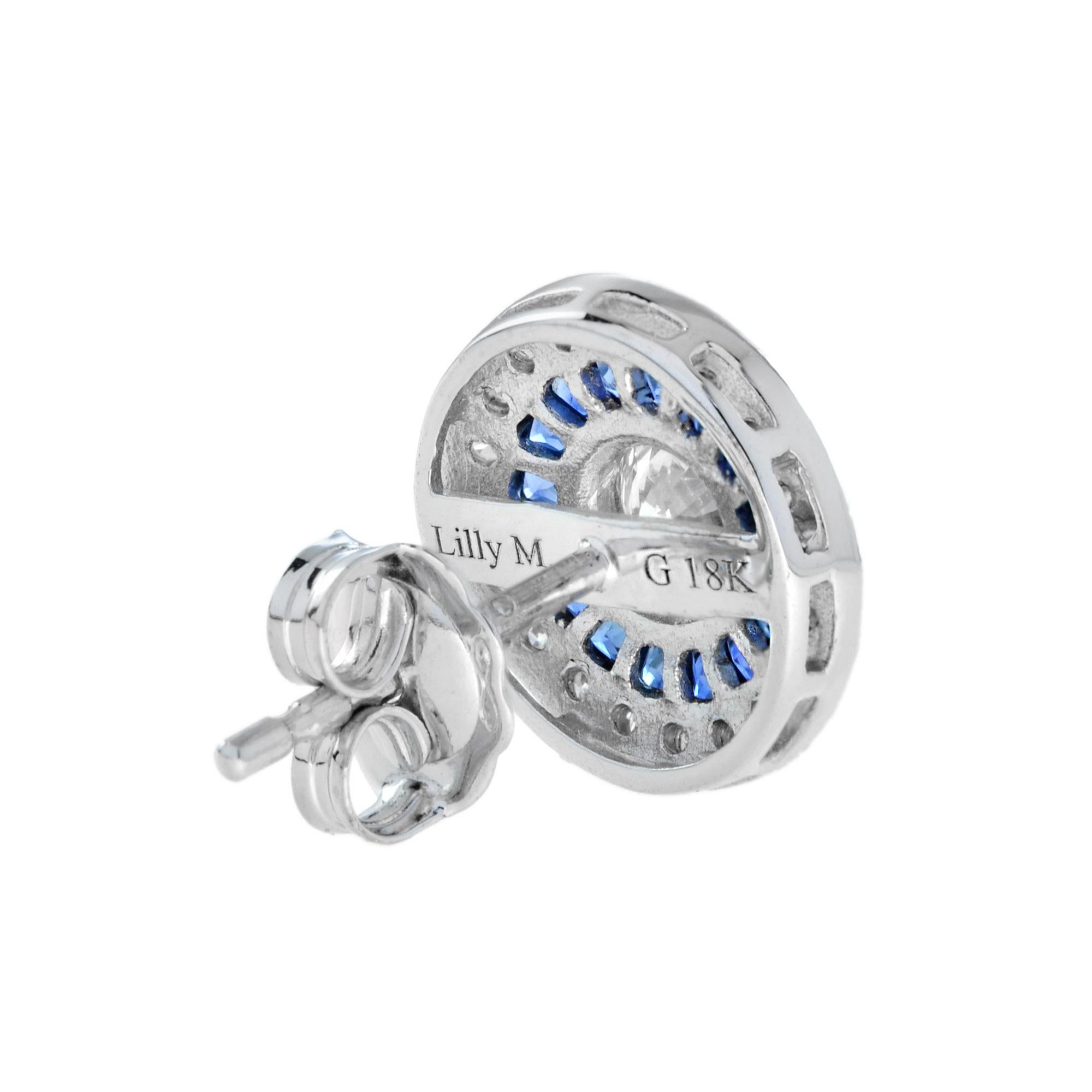 Round Cut Art Deco Style 4.4 Round Diamond Blue Sapphire Stud Earrings in 18K White Gold For Sale