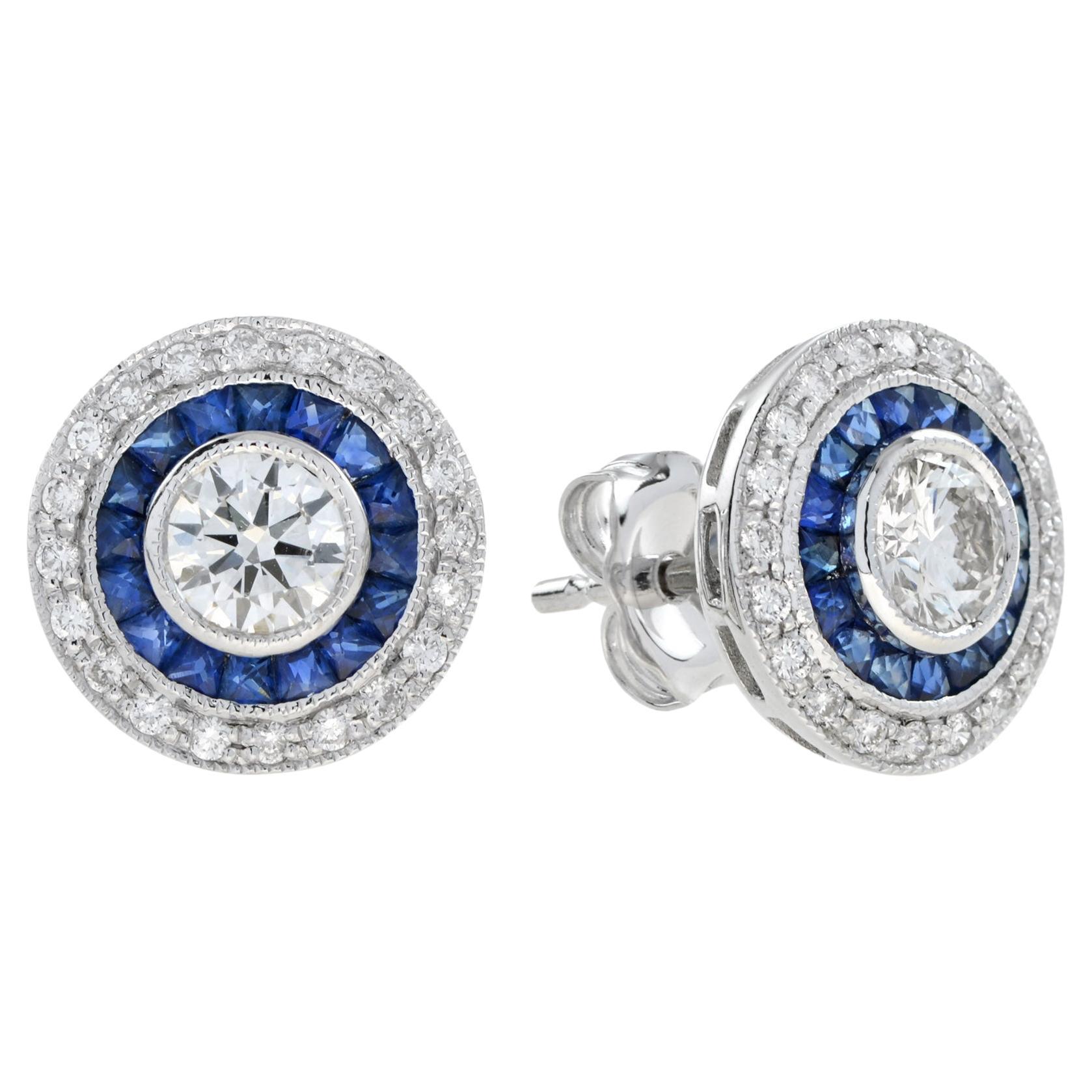 Art Deco Style 4.4 Round Diamond Blue Sapphire Stud Earrings in 18K White Gold