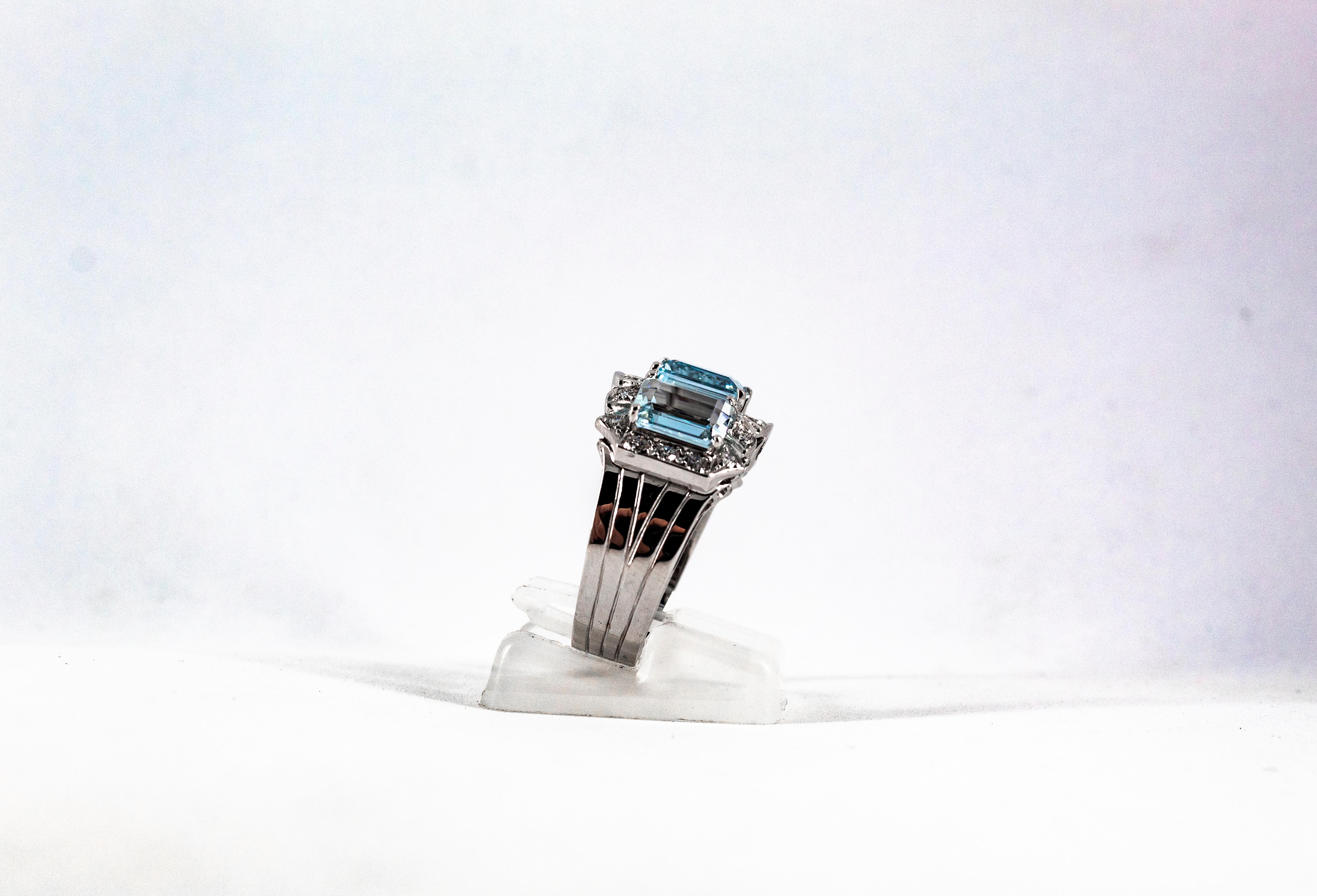 Art Deco Style 4.45 Carat White Diamond Aquamarine White Gold Cocktail Ring 5