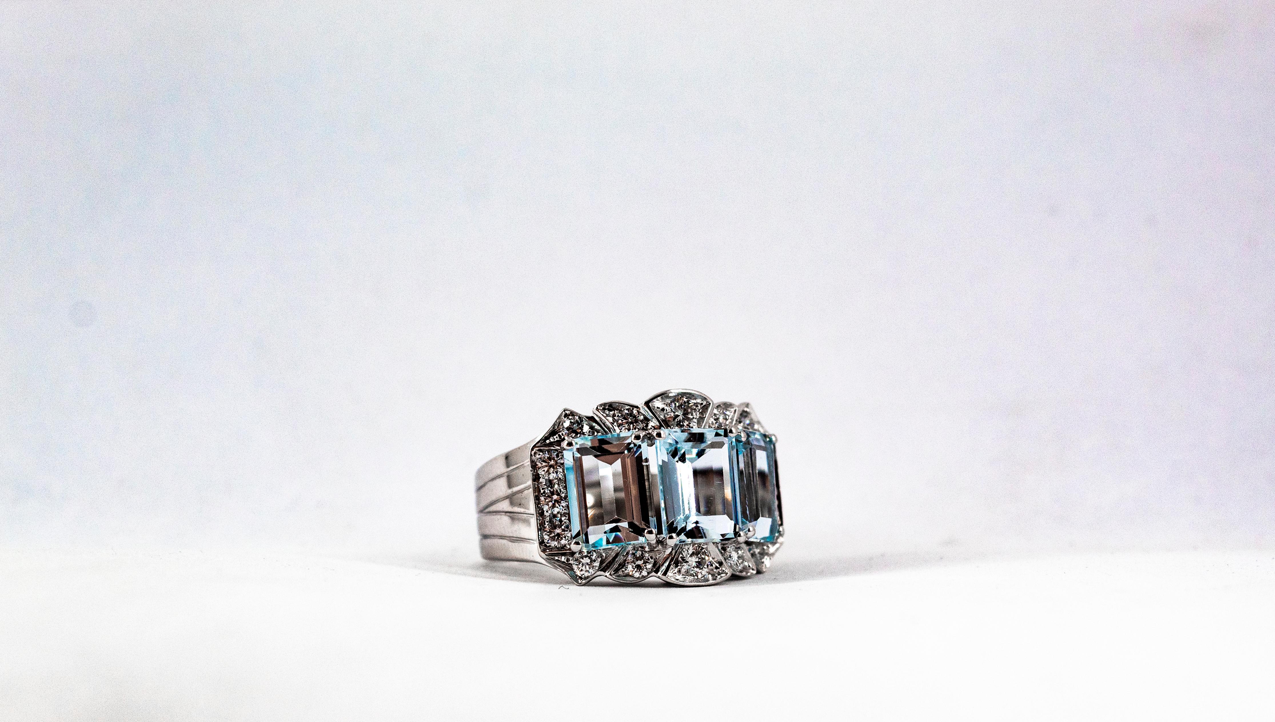 Art Deco Style 4.45 Carat White Diamond Aquamarine White Gold Cocktail Ring 14