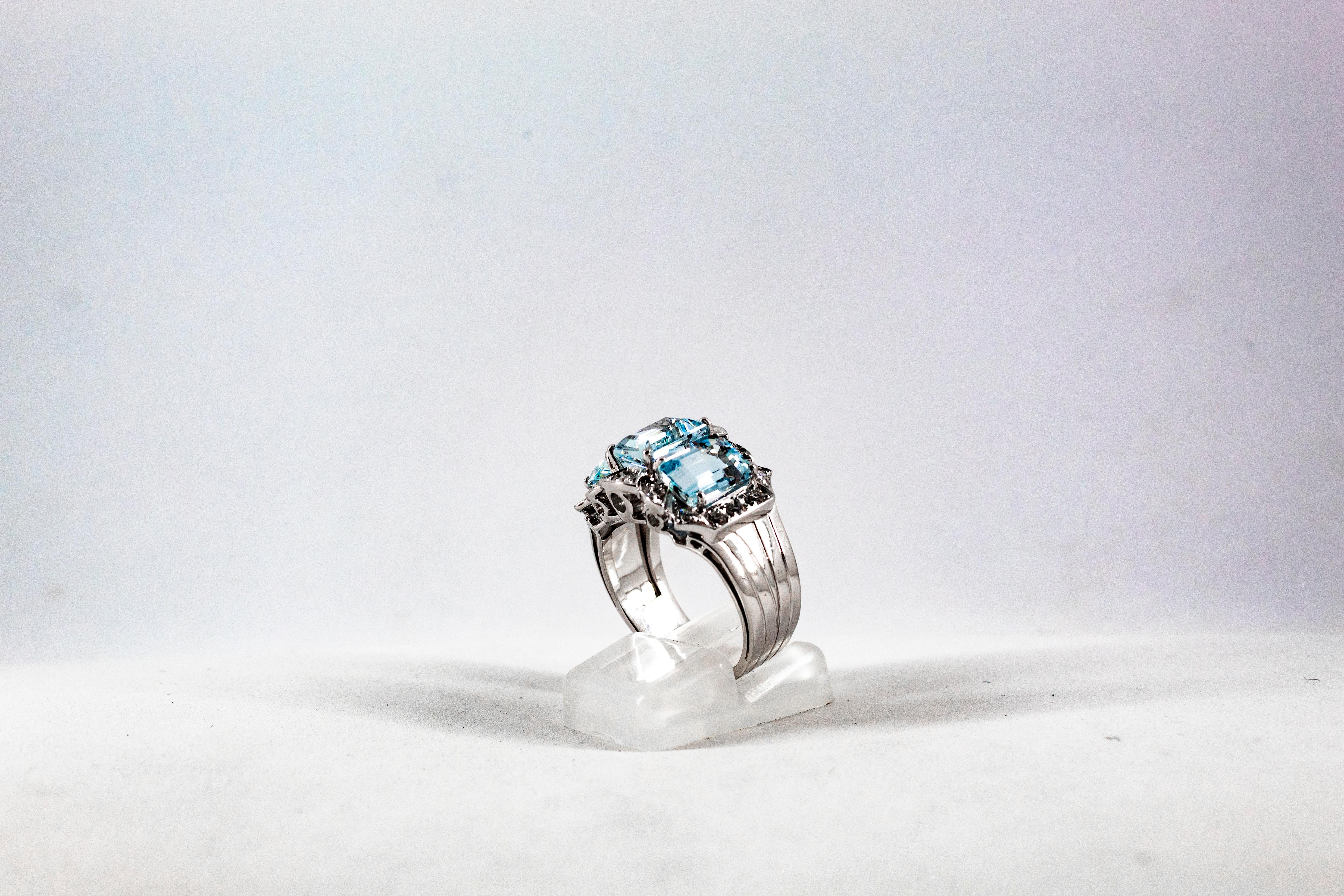 Art Deco Style 4.45 Carat White Diamond Aquamarine White Gold Cocktail Ring In New Condition In Naples, IT