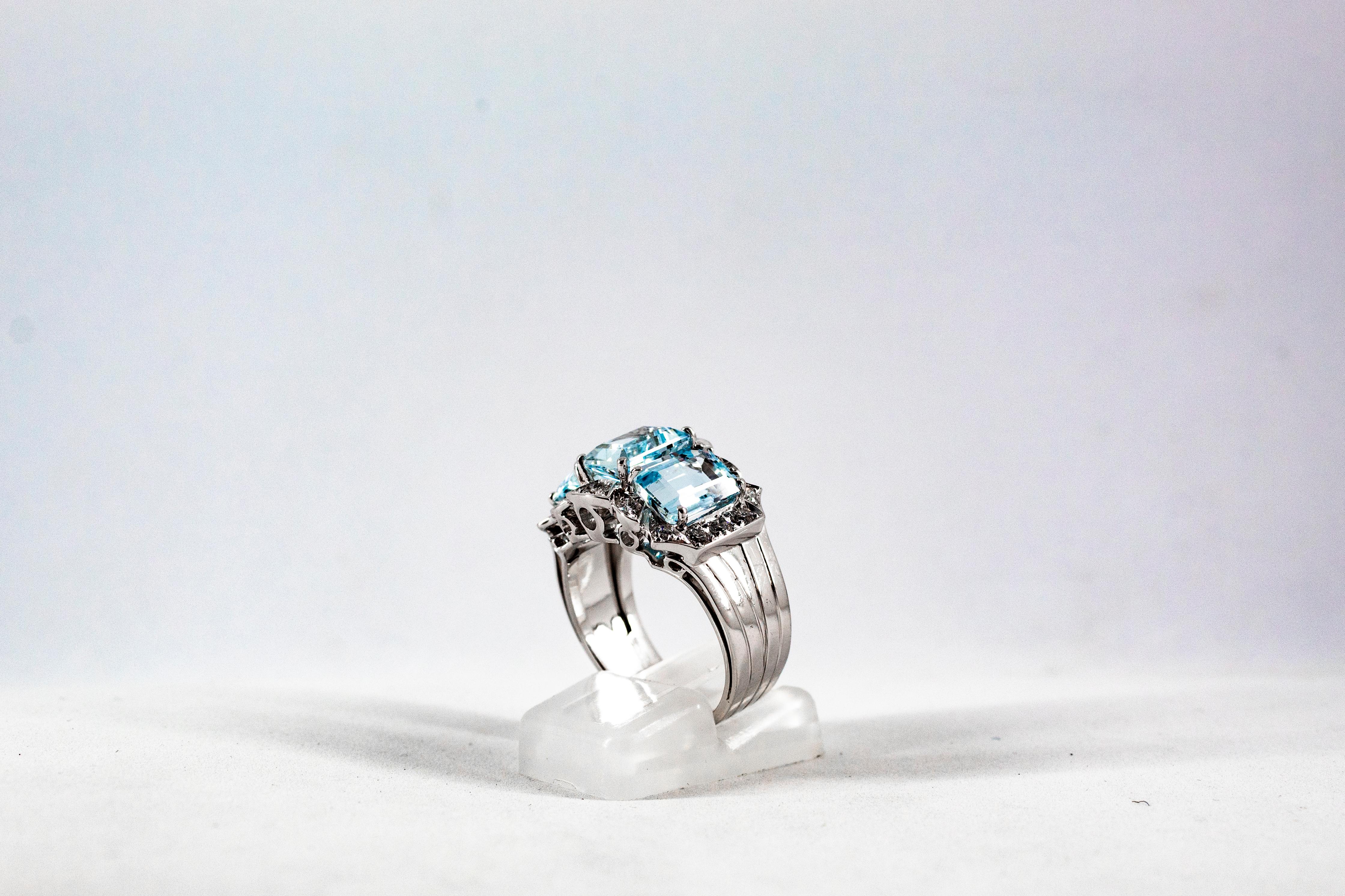 Women's or Men's Art Deco Style 4.45 Carat White Diamond Aquamarine White Gold Cocktail Ring