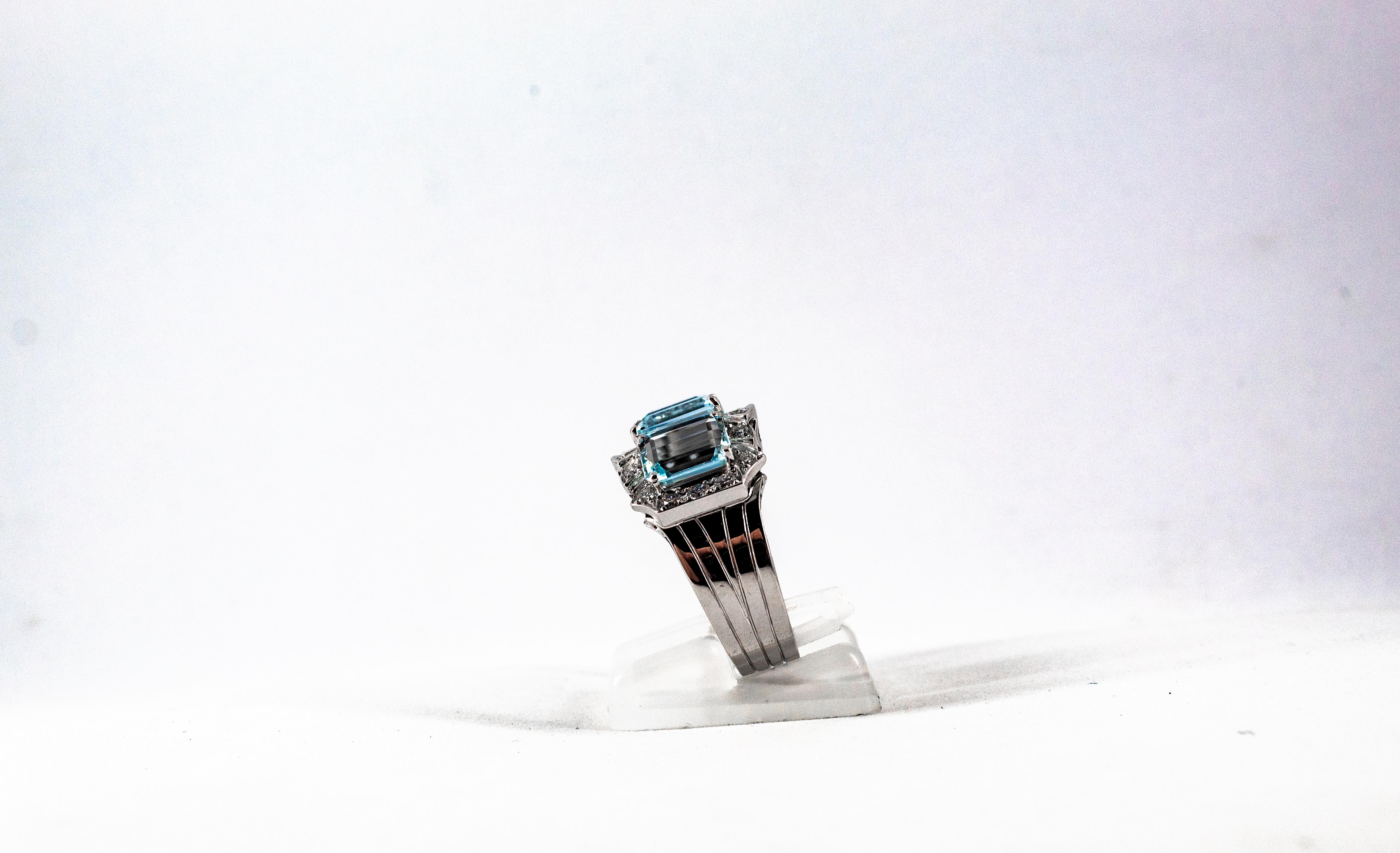 Art Deco Style 4.45 Carat White Diamond Aquamarine White Gold Cocktail Ring 1
