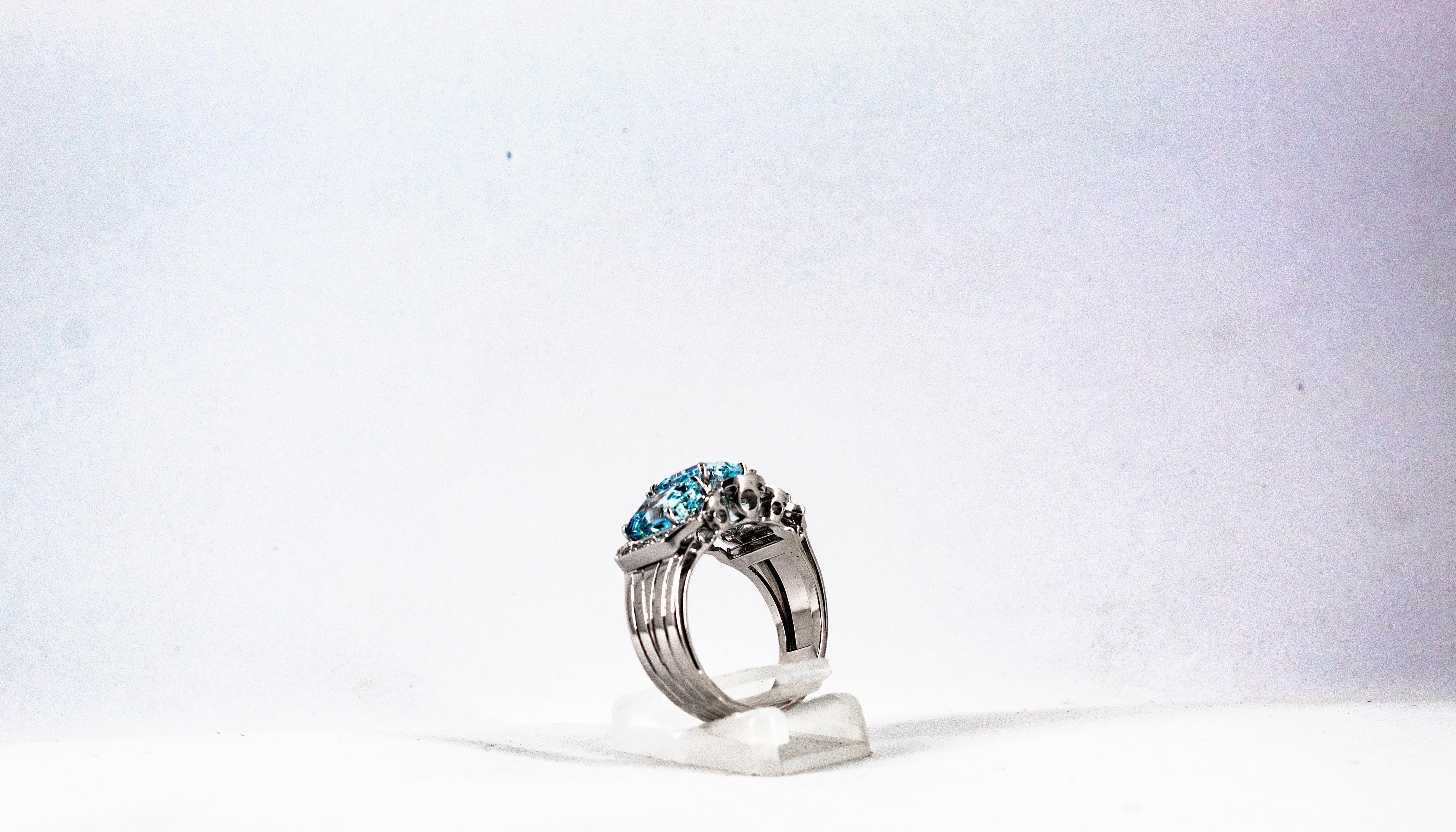Art Deco Style 4.45 Carat White Diamond Aquamarine White Gold Cocktail Ring 2