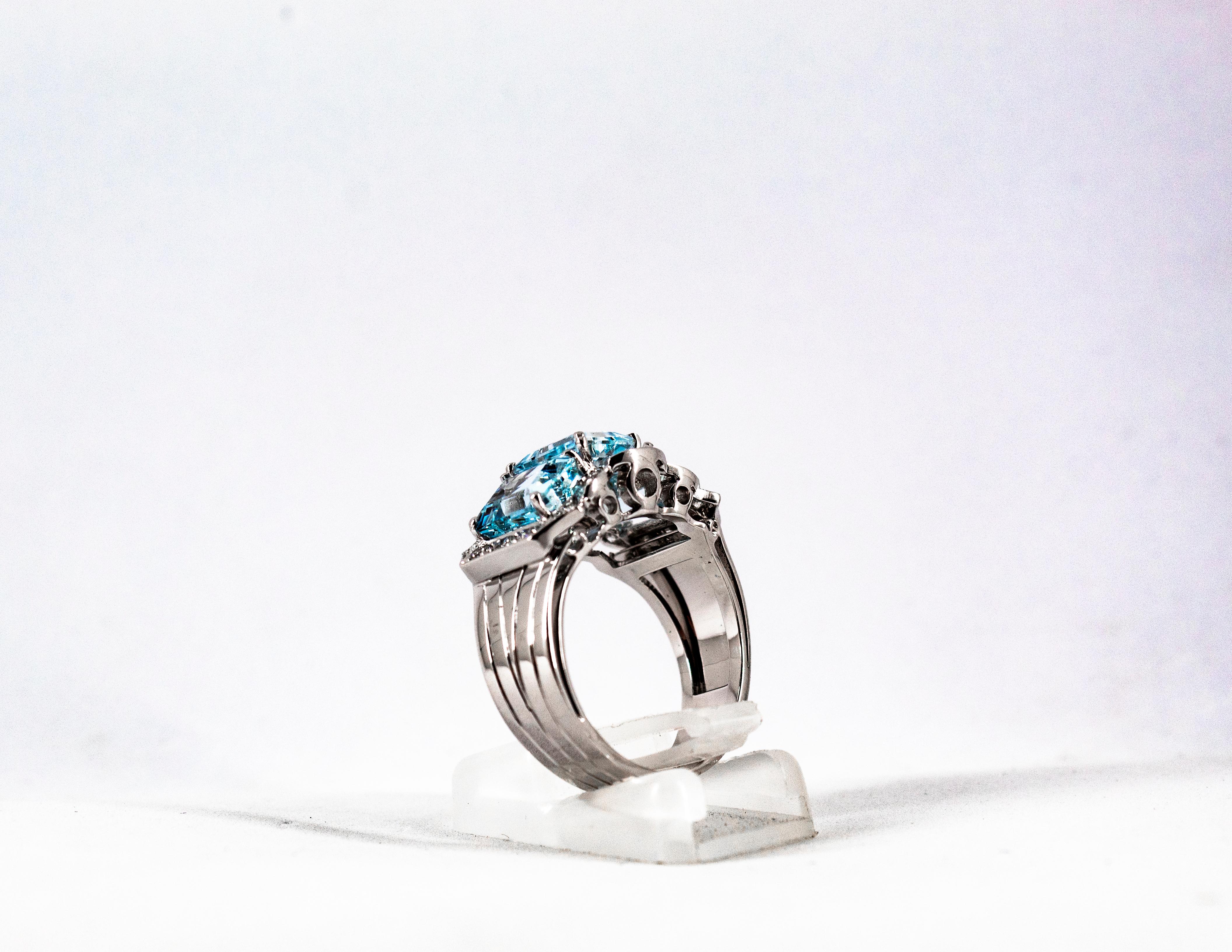 Art Deco Style 4.45 Carat White Diamond Aquamarine White Gold Cocktail Ring 3