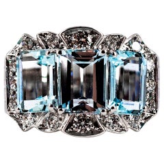 Bague cocktail en or blanc de style Art déco avec aigue-marine et diamants blancs de 4,45 carats