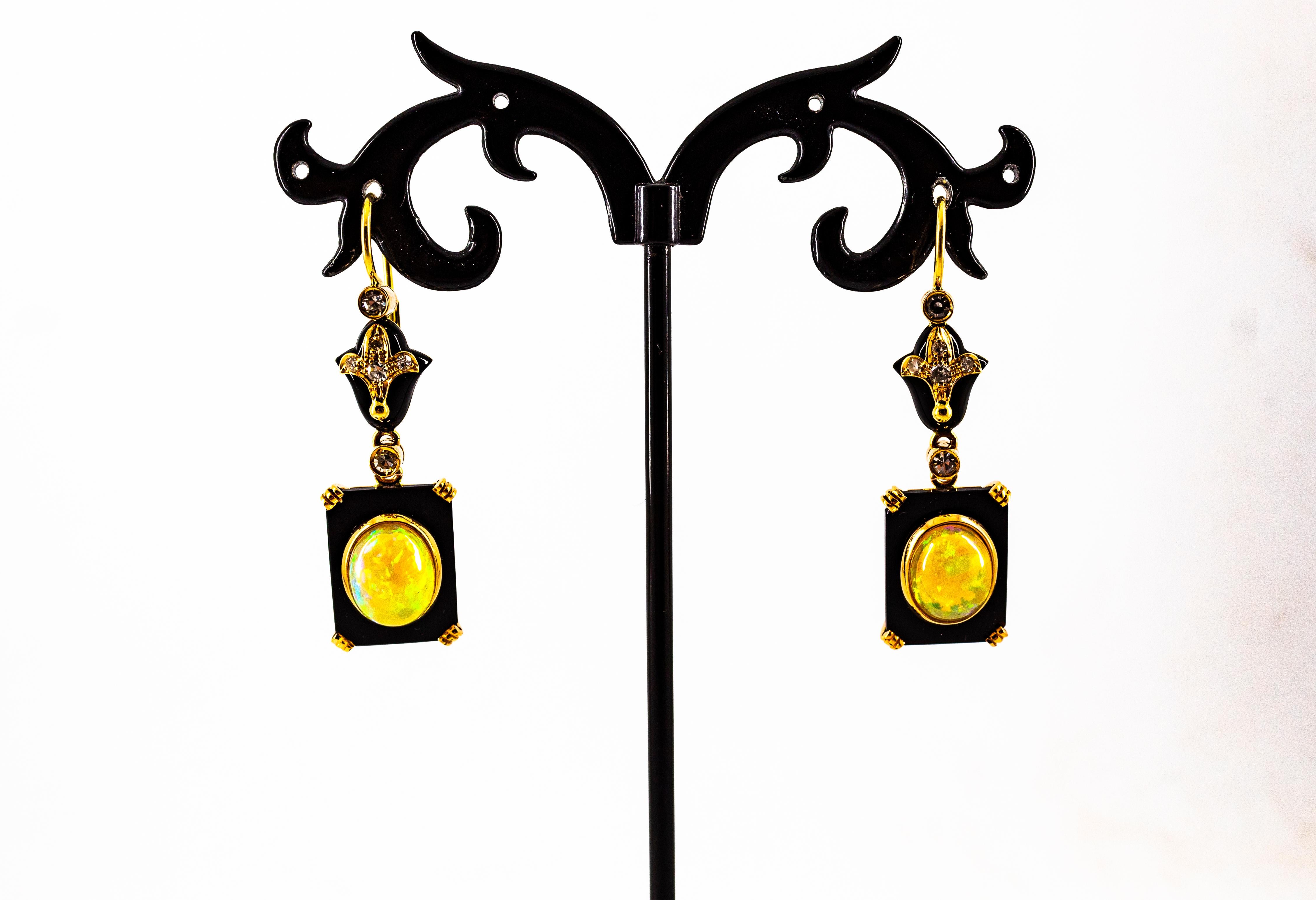 Art Deco Style 4.46 Carat White Diamond Opal Onyx Yellow Gold Drop Earrings For Sale 4