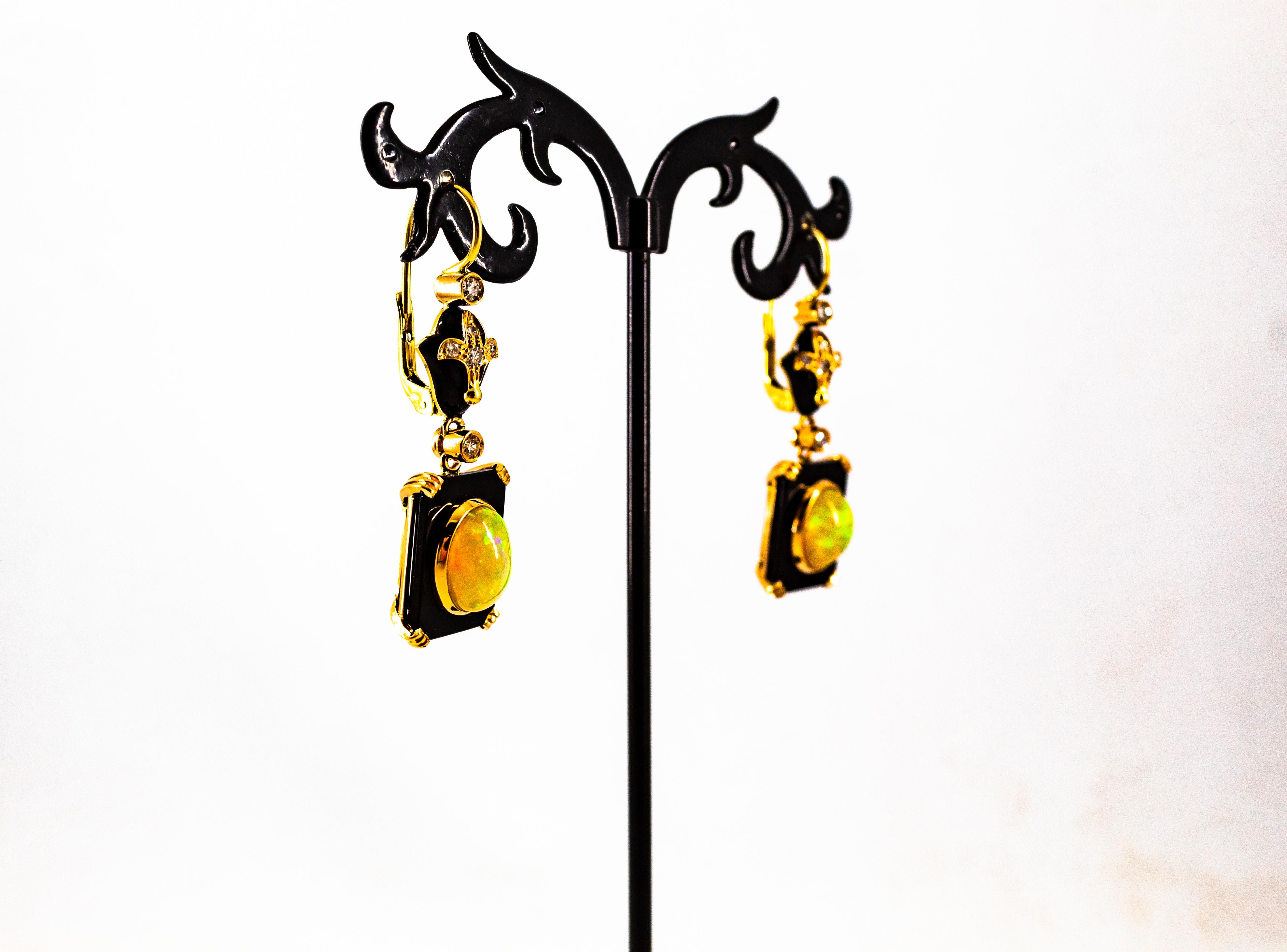 Orecchini a goccia in oro giallo in stile Art Déco con diamante bianco da 4,46 carati, opale e onice in vendita 7