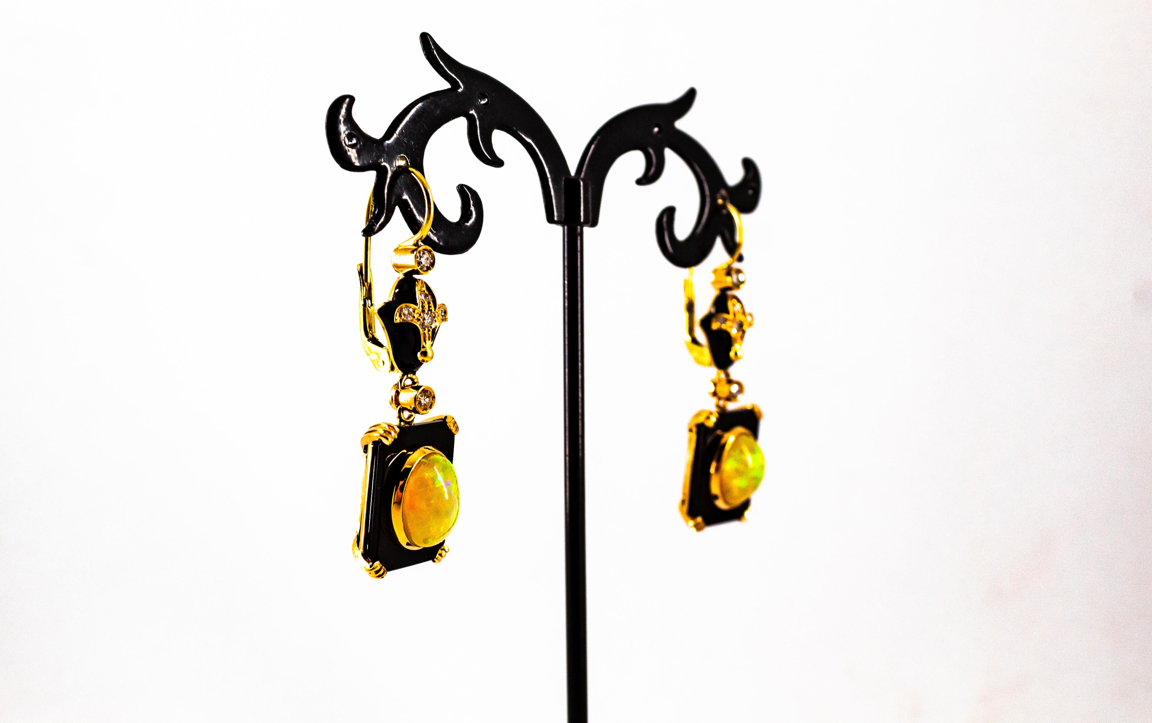 Art Deco Style 4.46 Carat White Diamond Opal Onyx Yellow Gold Drop Earrings For Sale 7