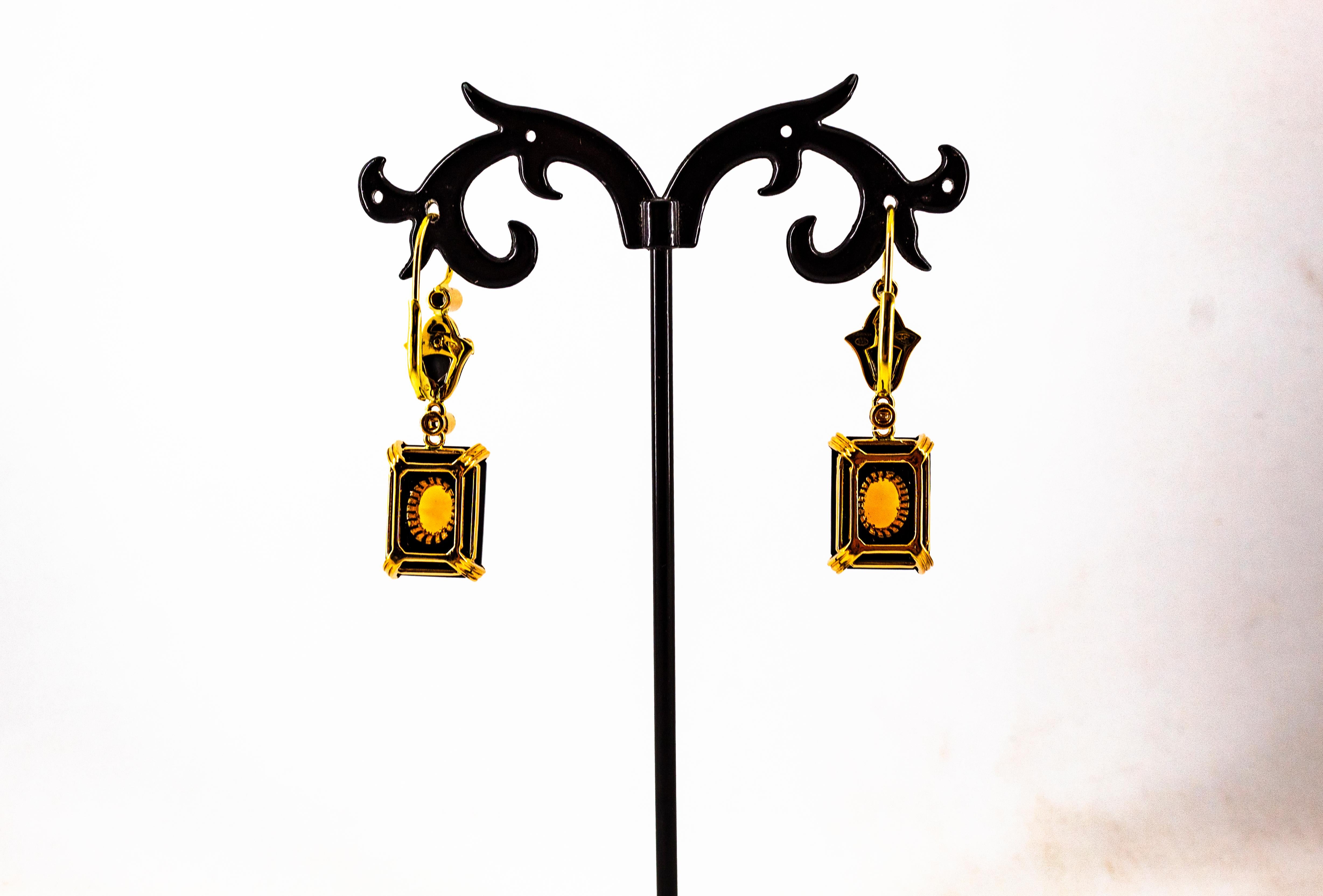 Art Deco Style 4.46 Carat White Diamond Opal Onyx Yellow Gold Drop Earrings For Sale 8