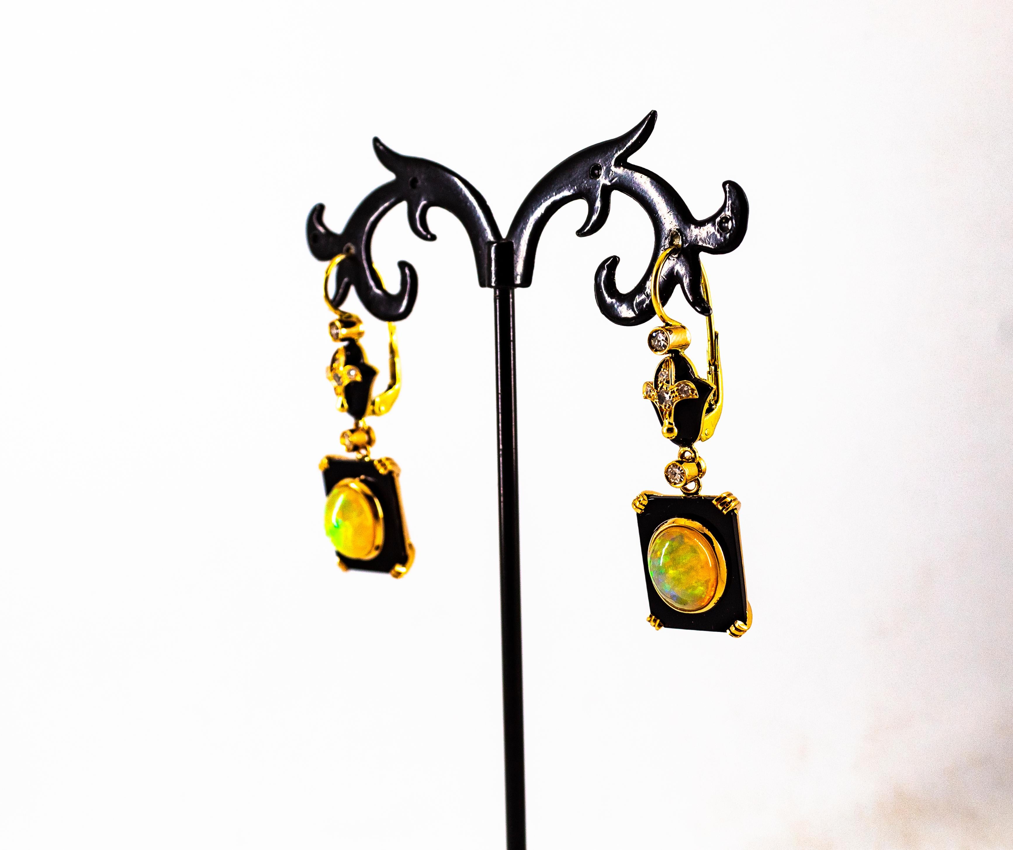 Art Deco Style 4.46 Carat White Diamond Opal Onyx Yellow Gold Drop Earrings For Sale 9