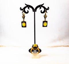 Art Deco Style 4.46 Carat White Diamond Opal Onyx Yellow Gold Drop Earrings