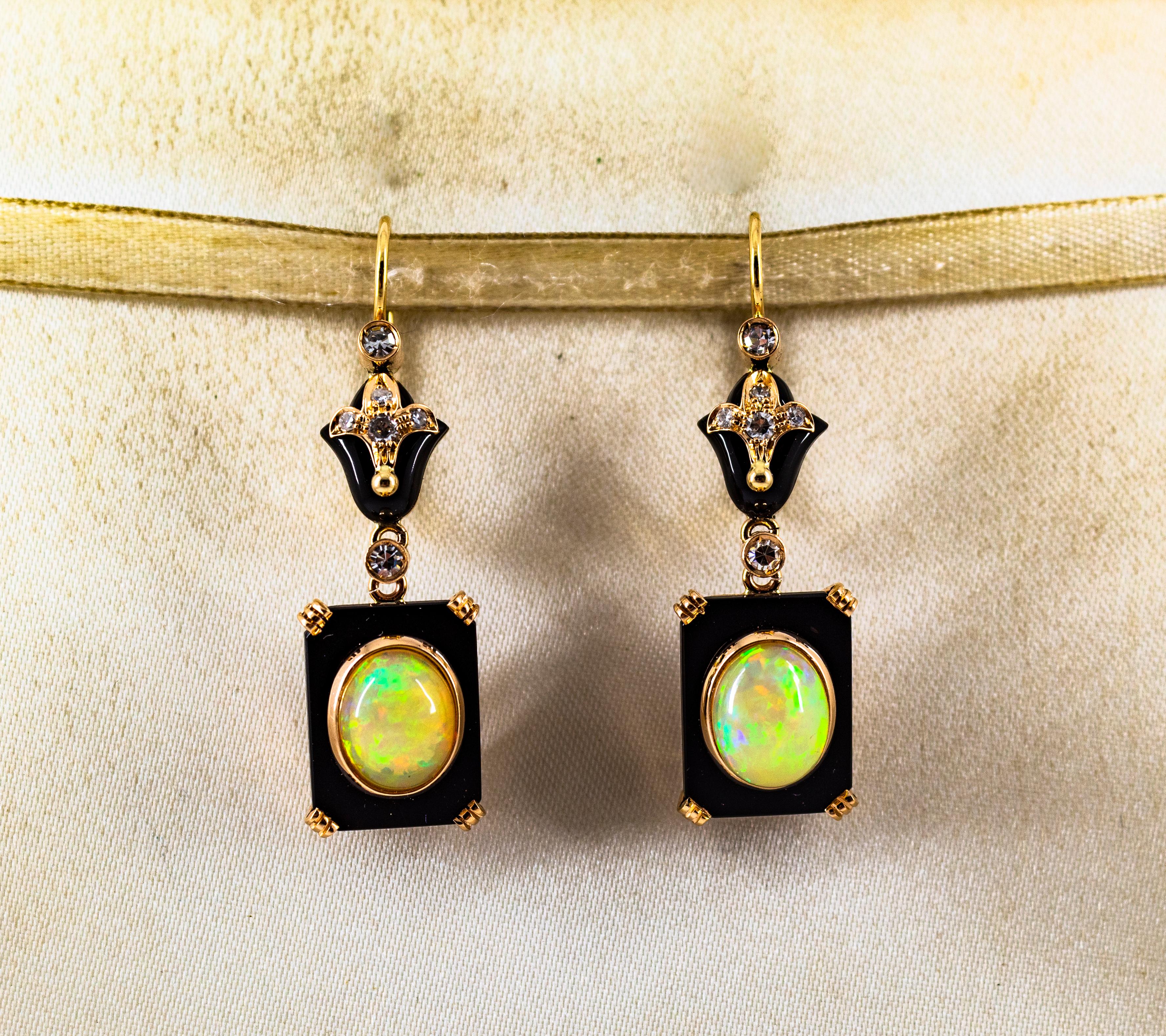 Art Deco Style 4.46 Carat White Diamond Opal Onyx Yellow Gold Drop Earrings In New Condition In Naples, IT