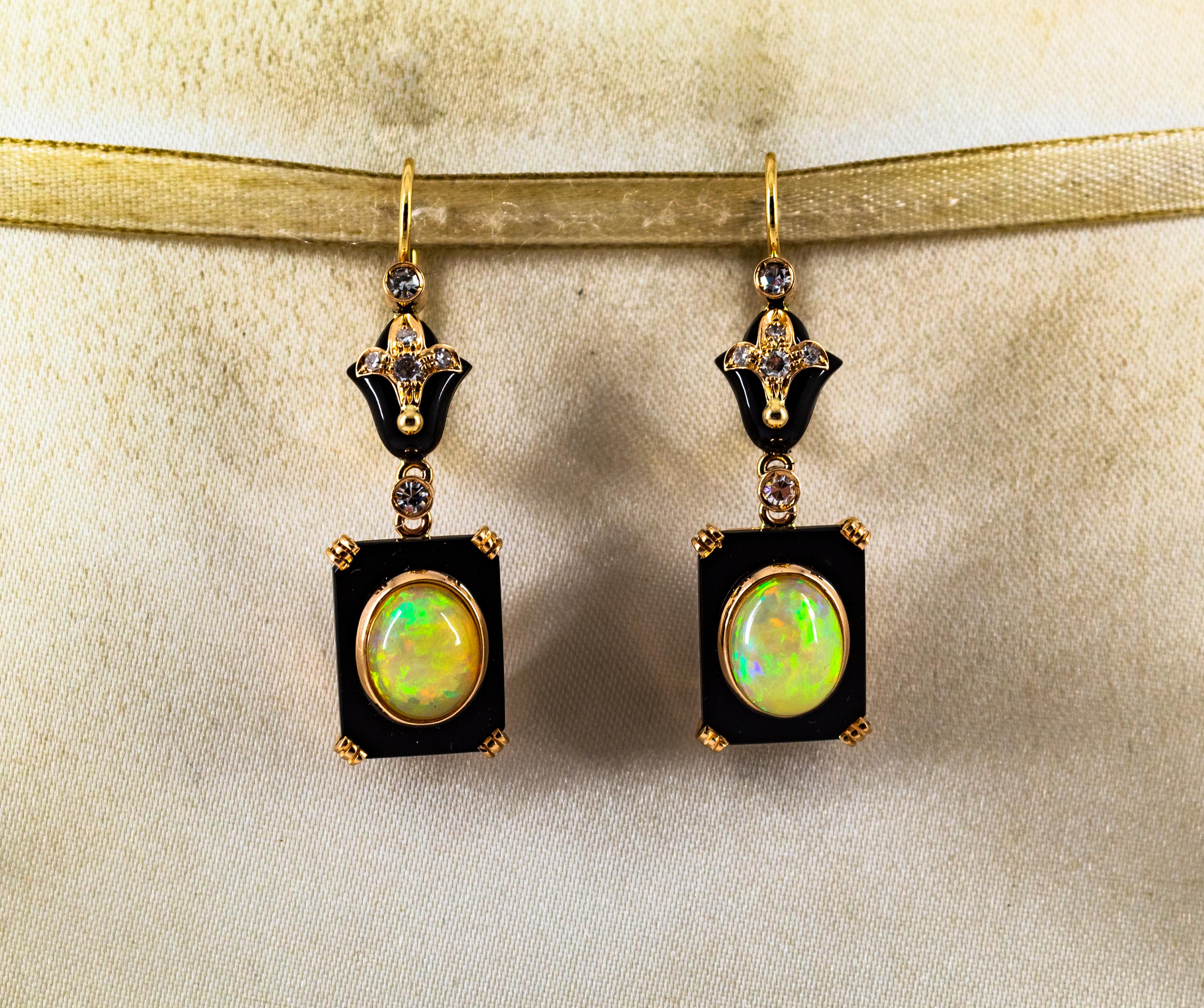 Women's or Men's Art Deco Style 4.46 Carat White Diamond Opal Onyx Yellow Gold Drop Earrings