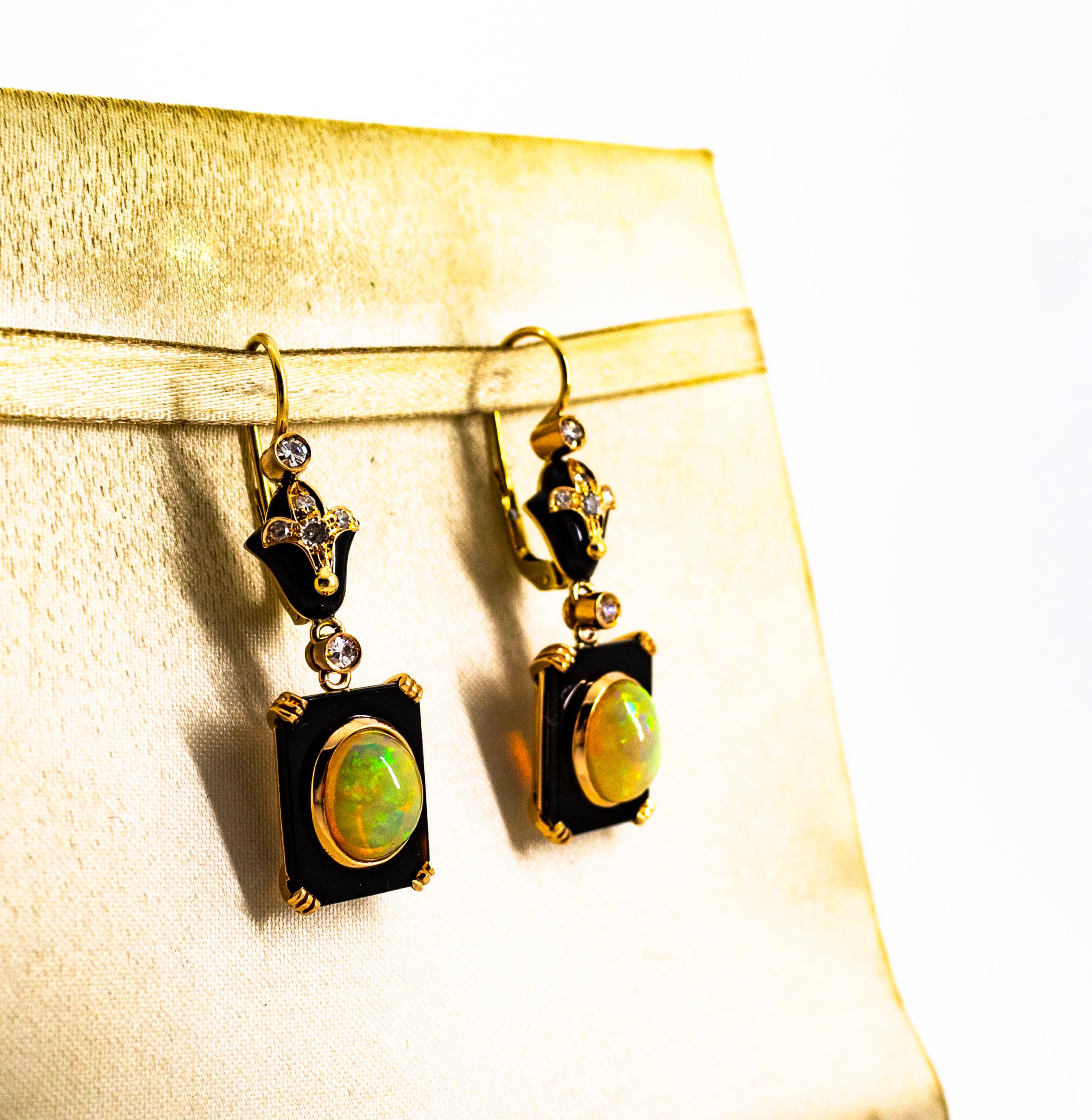 Art Deco Style 4.46 Carat White Diamond Opal Onyx Yellow Gold Drop Earrings 1