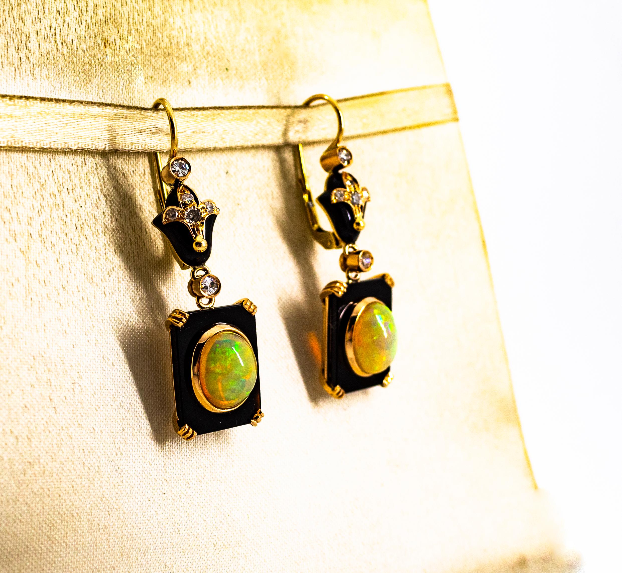 Art Deco Style 4.46 Carat White Diamond Opal Onyx Yellow Gold Drop Earrings 2