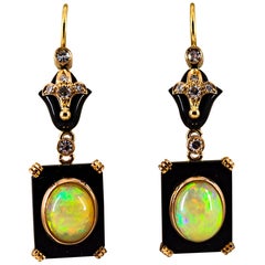 Art Deco Style 4.46 Carat White Diamond Opal Onyx Yellow Gold Drop Earrings