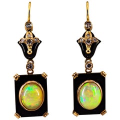 Art Deco Style 4.46 Carat White Diamond Opal Onyx Yellow Gold Drop Earrings