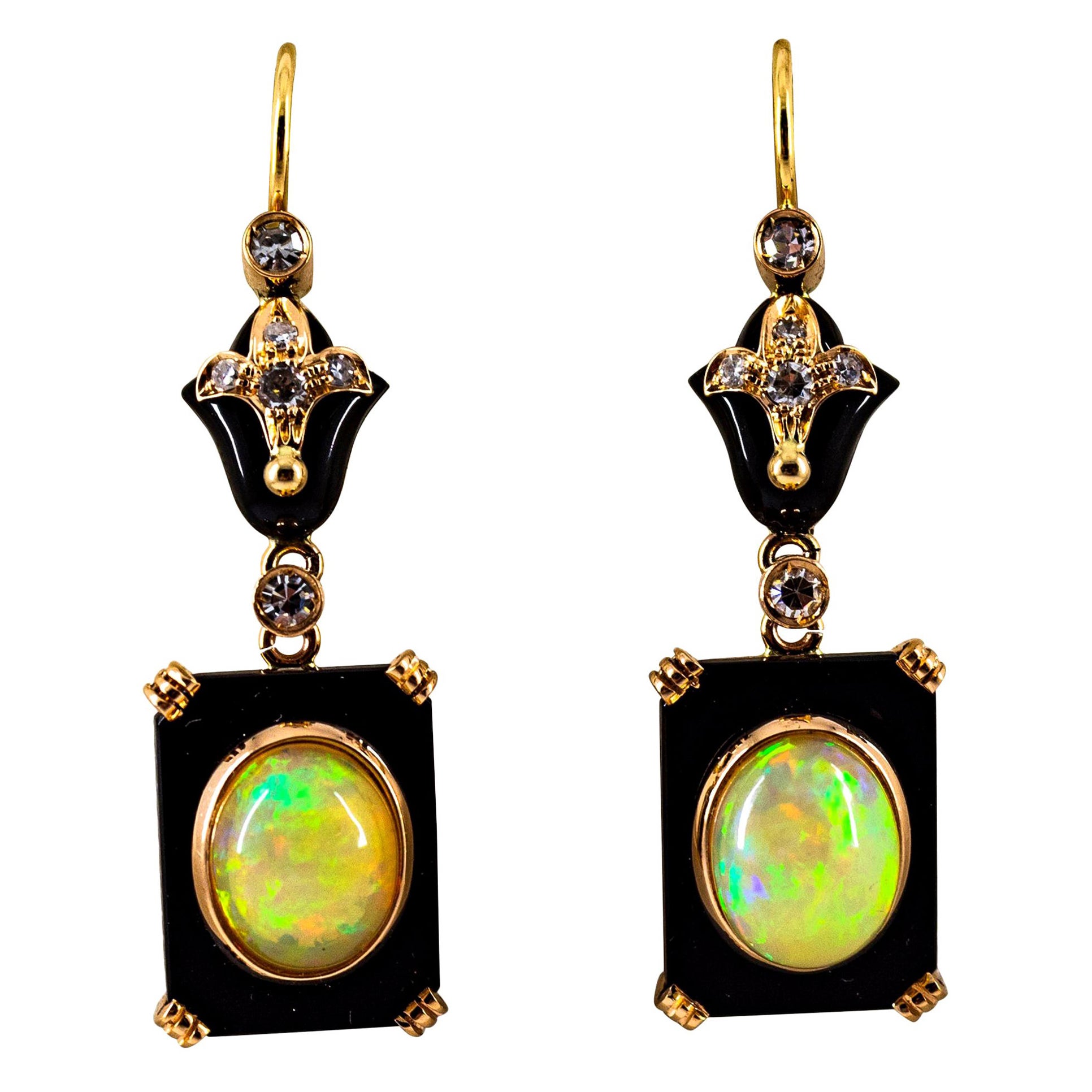 Gelbgold-Tropfen-Ohrringe im Art-déco-Stil mit 4,46 Karat weißem Diamant-Onyx