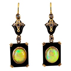 Pendientes de oro amarillo estilo art déco de 4,46 quilates de diamante blanco ópalo ónice
