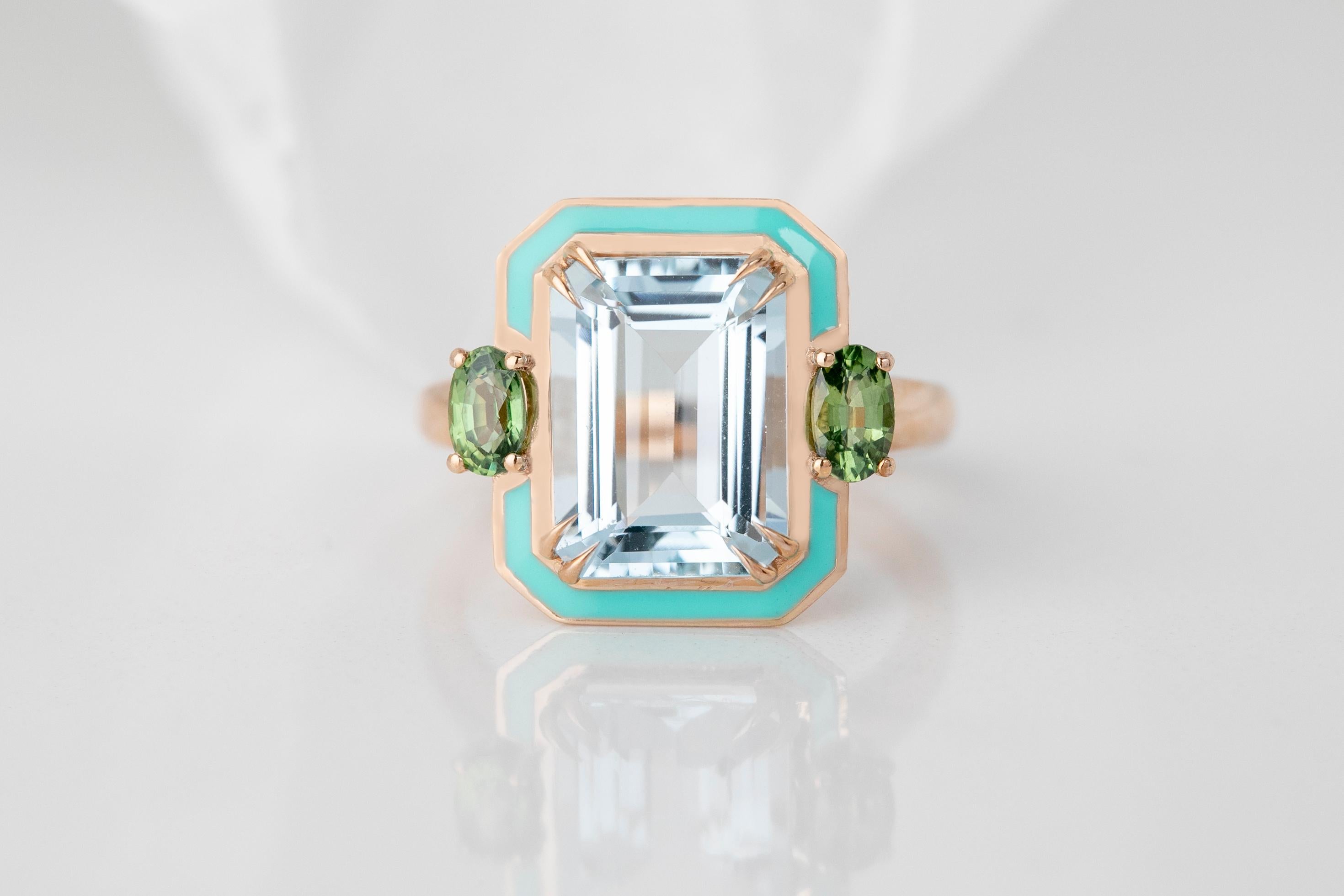 For Sale:  Art Deco Style 4.5 Ct. Aquamarine and Green Sapphire 14K Gold Cocktail Ring 10
